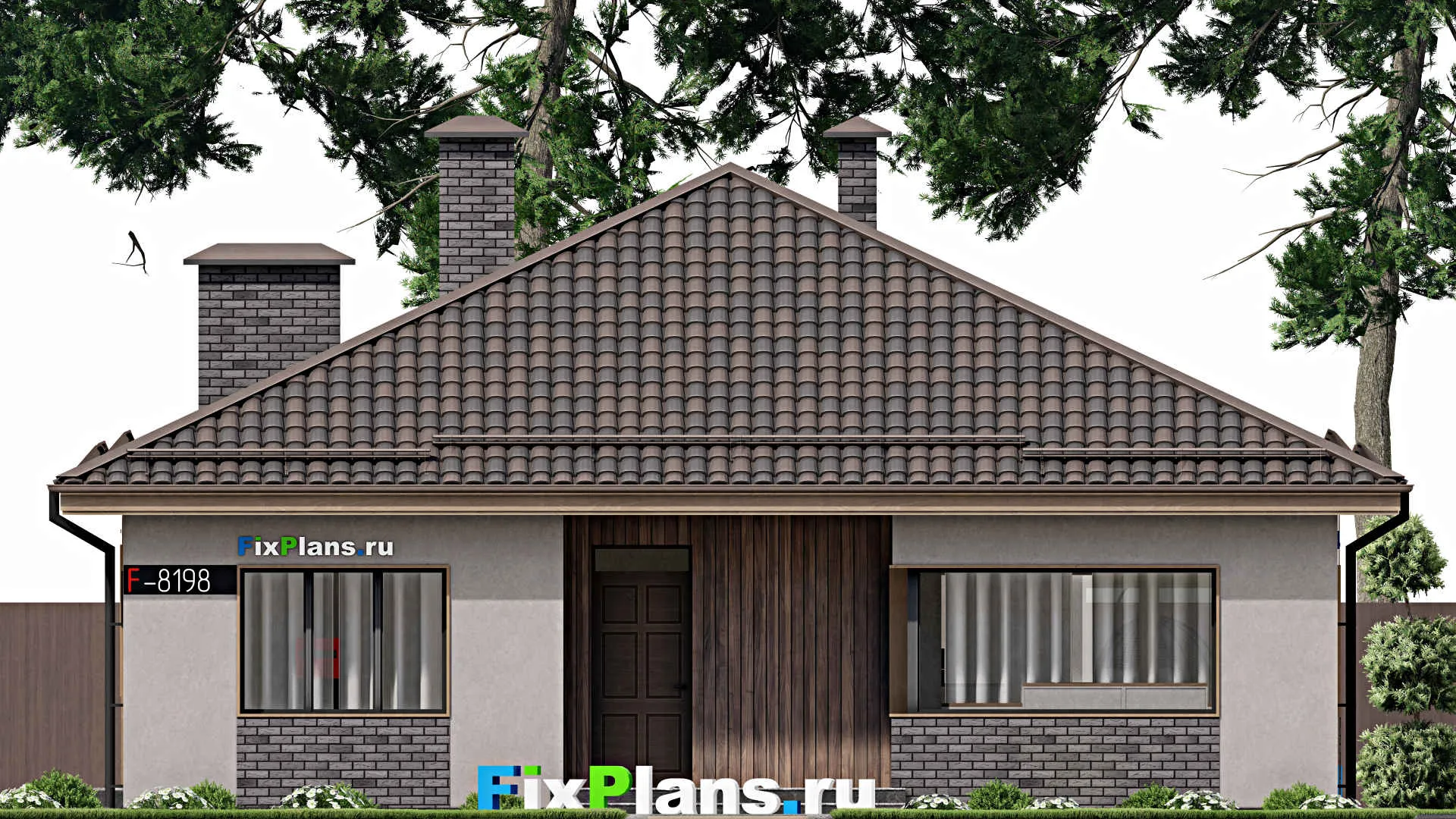 F-8198 - Проект одноэтажного дома 12 на 16, площадью 150 м² с террасой и 4 спальнями