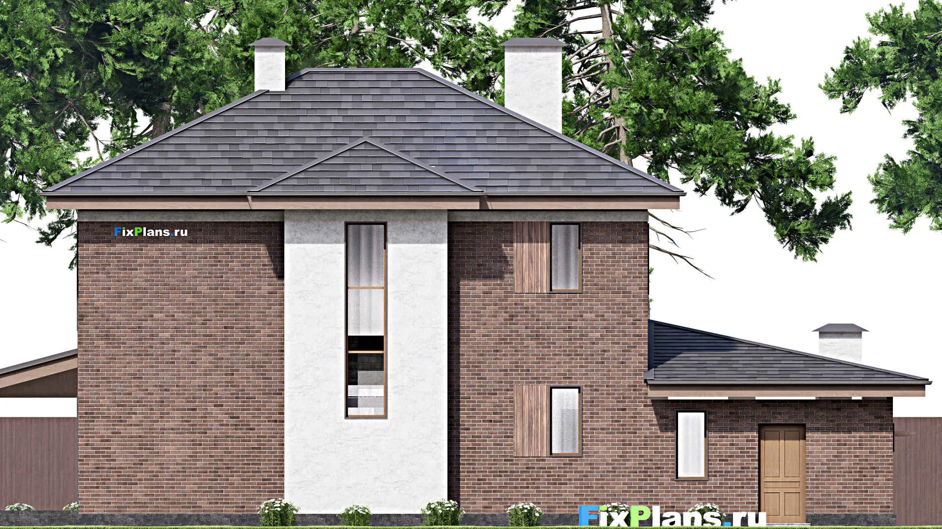 F-14633 - Проект двухэтажного дома 14 на 20, площадью 250 м² с террасой, баней, гаражом на 1 машину и 4 спальнями