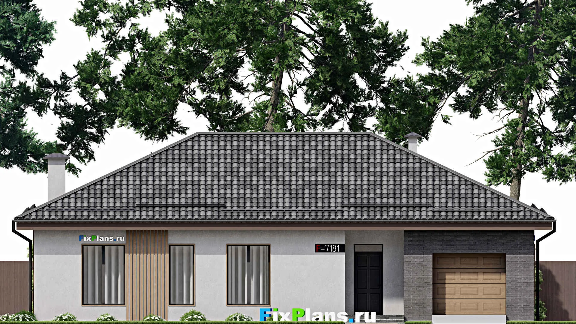 F-7181 - Проект одноэтажного дома 14 на 17, площадью 170 м² с террасой, гаражом на 1 машину и 3 спальнями