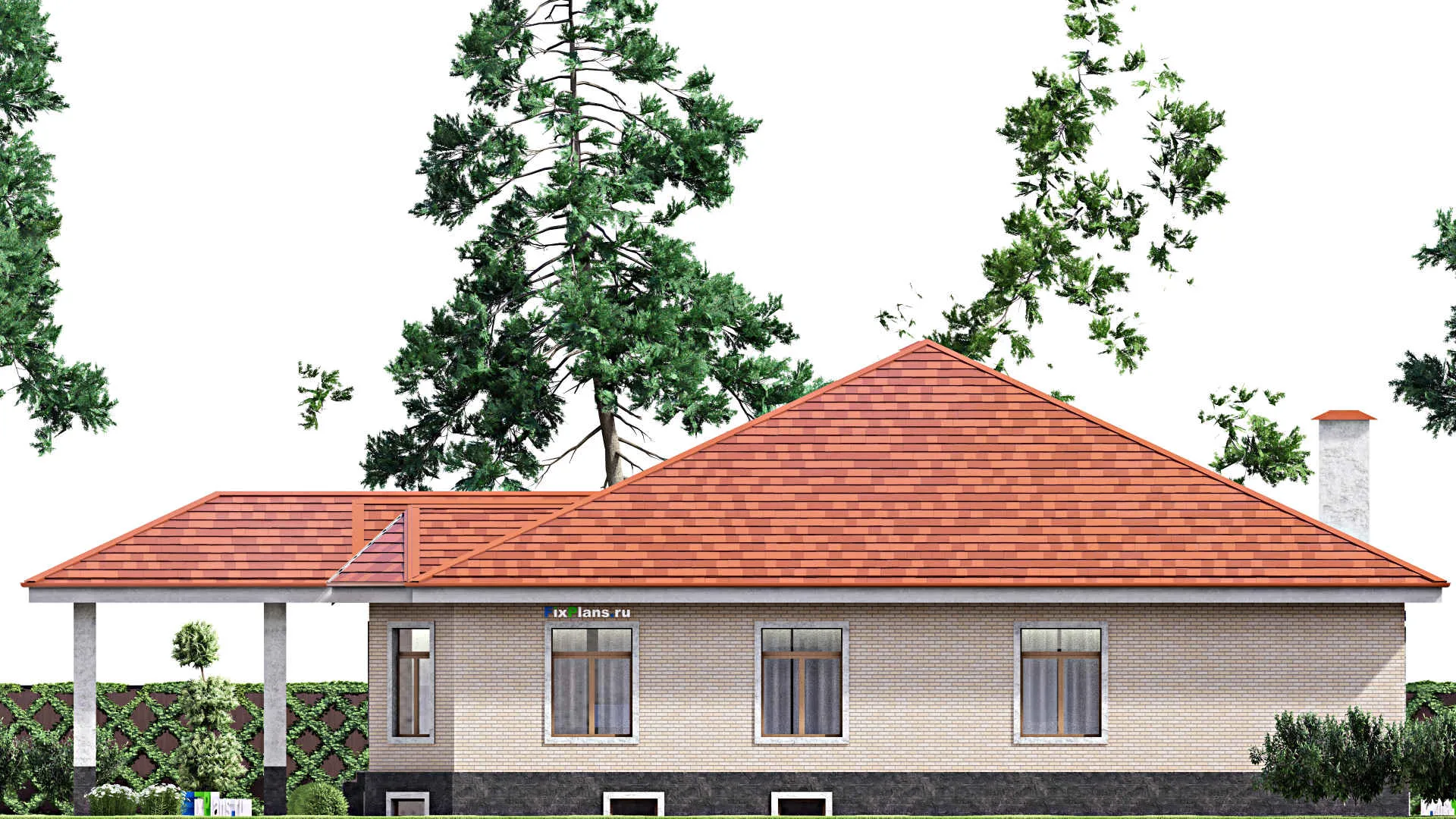 F-13940 - План одноэтажного дома 19 на 21, площадью 380 м² с террасой, цокольным этажом и 3 спальнями