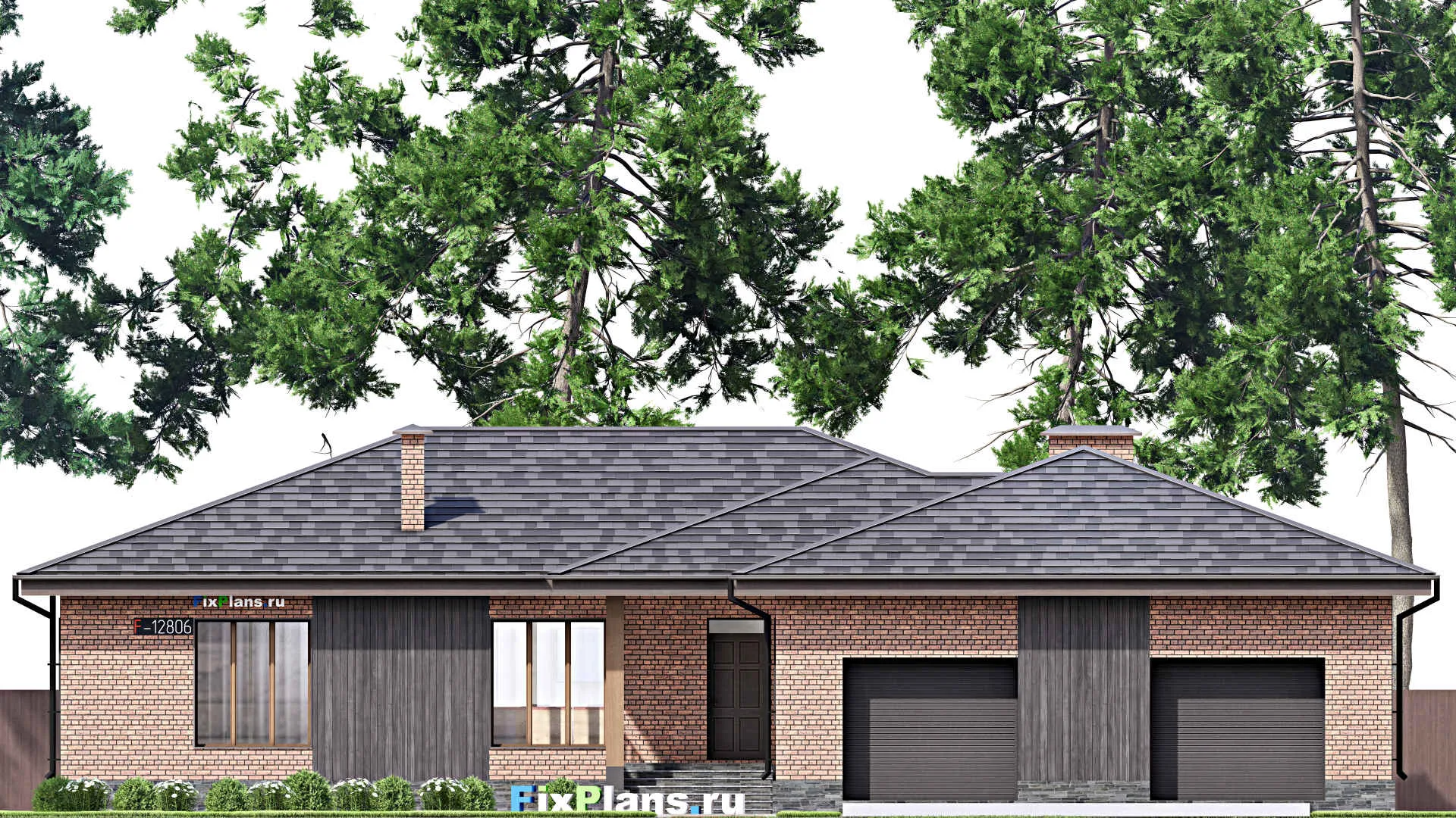 F-12806 - Проект одноэтажного дома 20 на 23, площадью 260 м² с террасой, гаражом на 2 машины и 4 спальнями