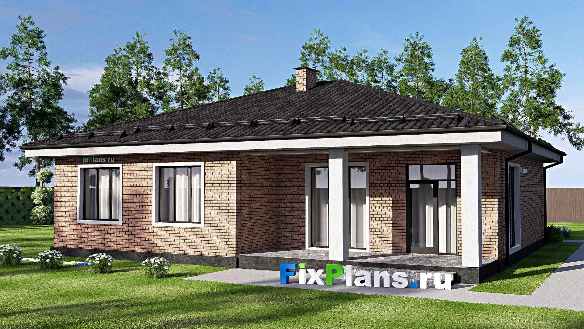 F-17792 - План одноэтажного дома 15 на 15, площадью 160 м² с террасой и 3 спальнями