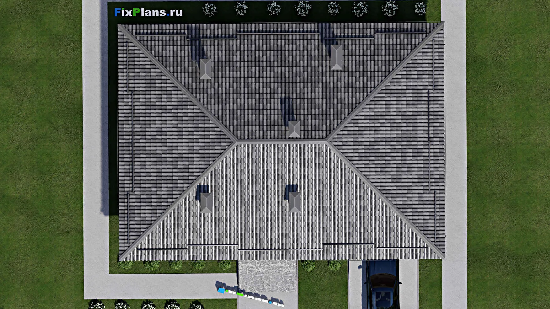 F-10781 - Проект одноэтажного дома 15 на 18, площадью 180 м² с гаражом на 2 машины и 2 спальнями