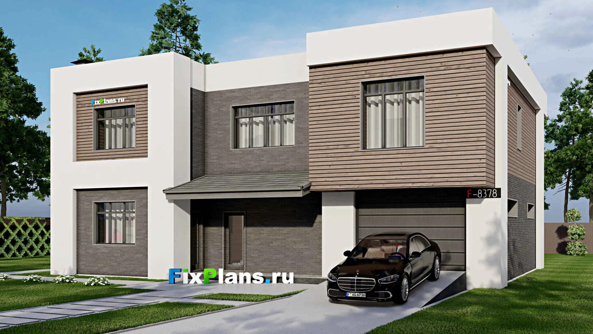 F-8378 - Проект двухэтажного дома 14 на 16, площадью 310 м² с террасой, балконом, гаражом на 1 машину и 4 спальнями