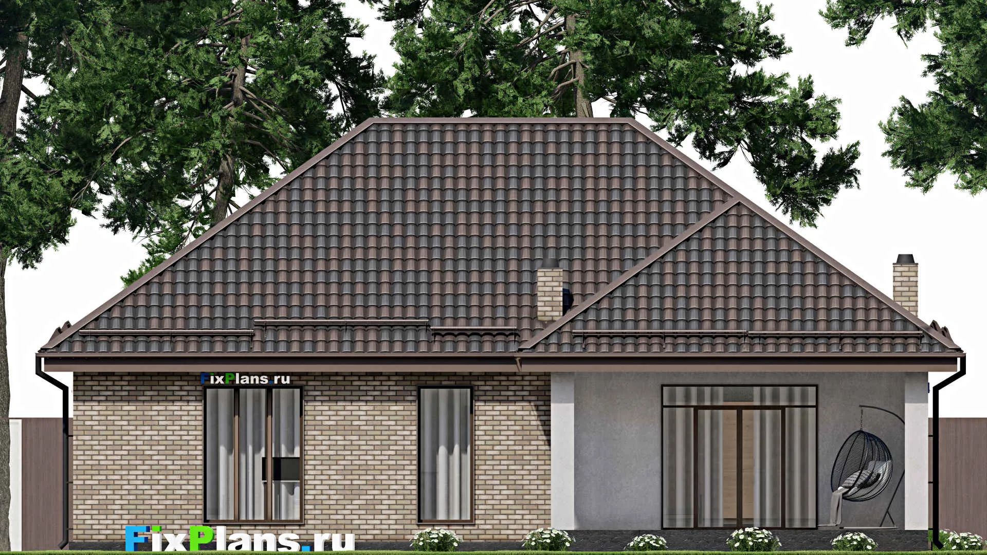 F-8018 - Проект одноэтажного дома 14 на 15, площадью 150 м² с террасой и 3 спальнями