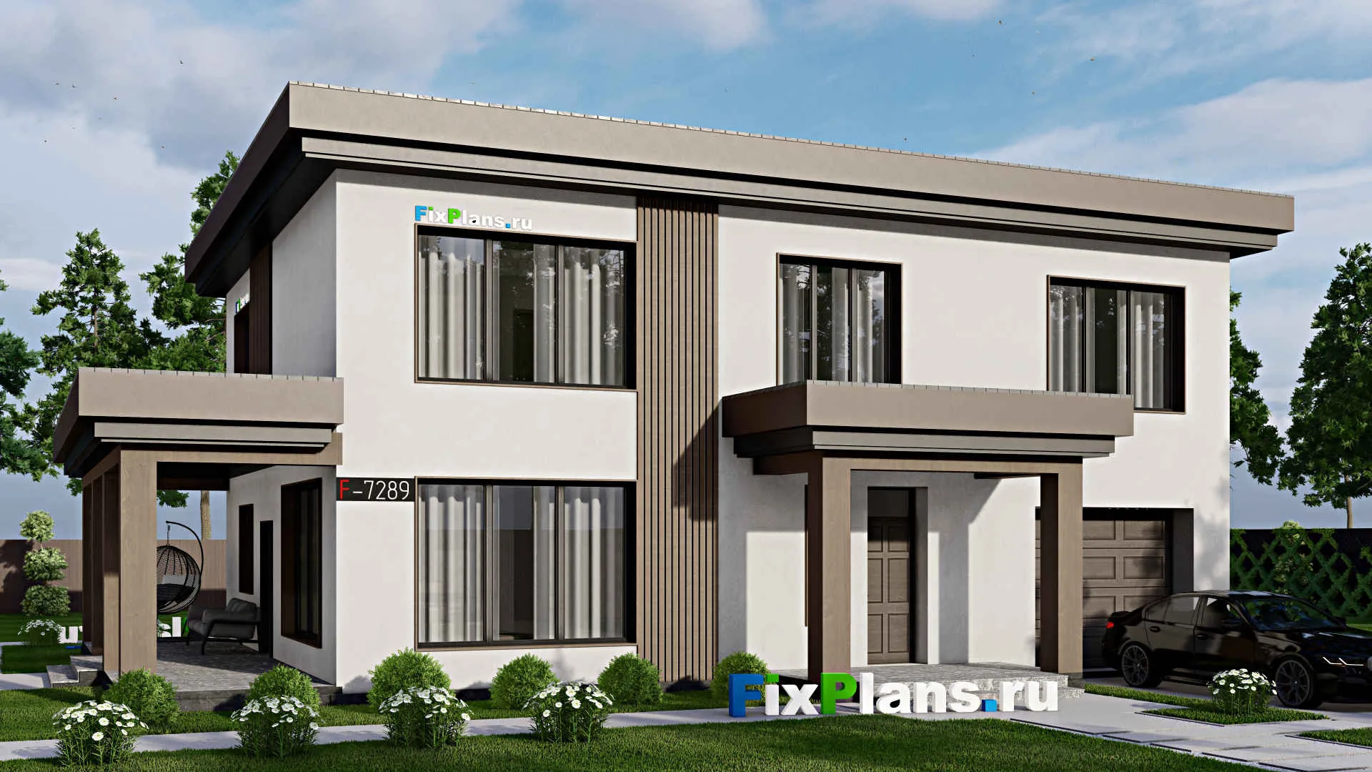 F-7289 - Проект двухэтажного дома 13 на 17, площадью 270 м² с террасой, гаражом на 1 машину и 4 спальнями