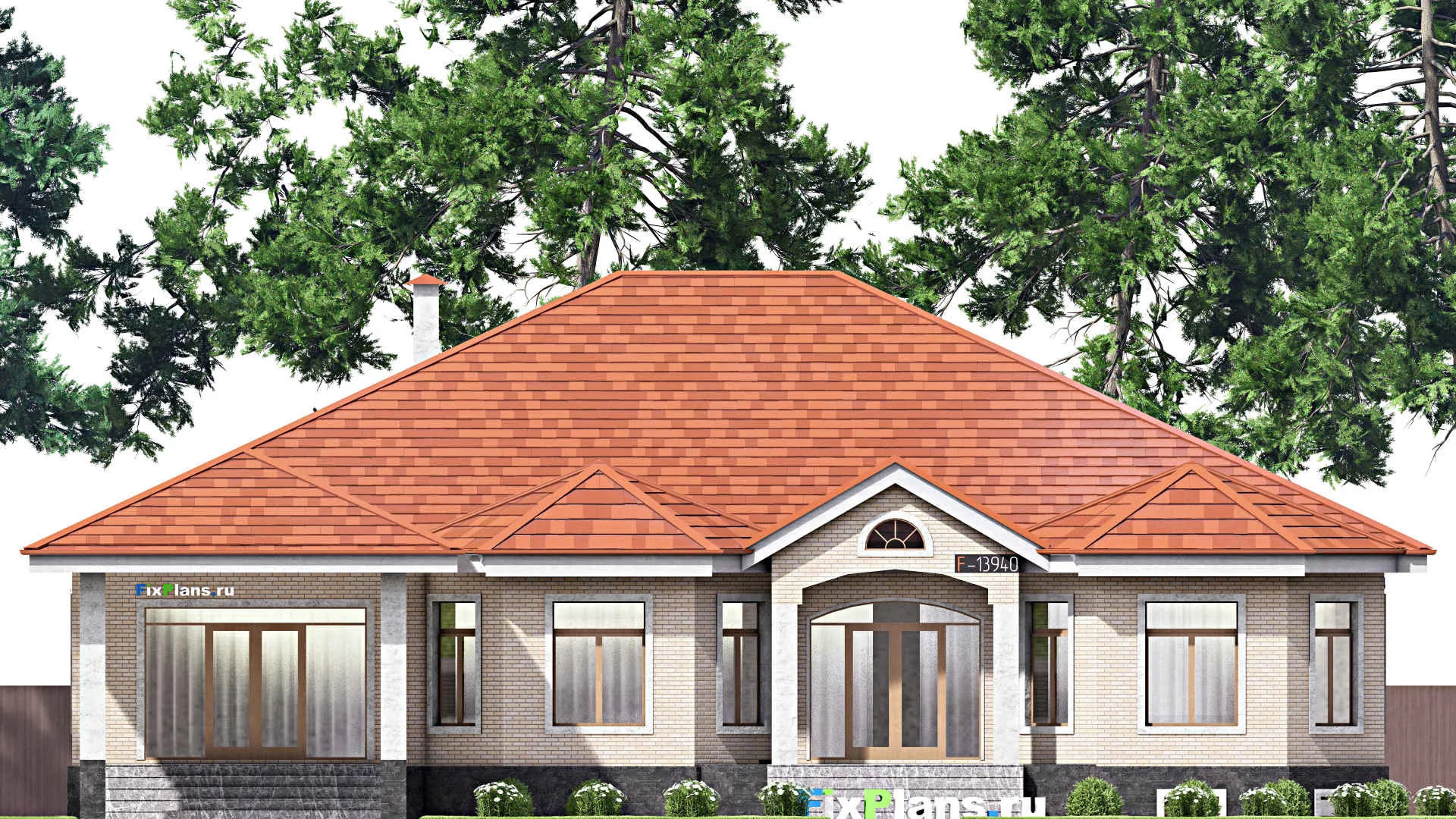 F-13940 - План одноэтажного дома 19 на 21, площадью 380 м² с террасой, цокольным этажом и 3 спальнями