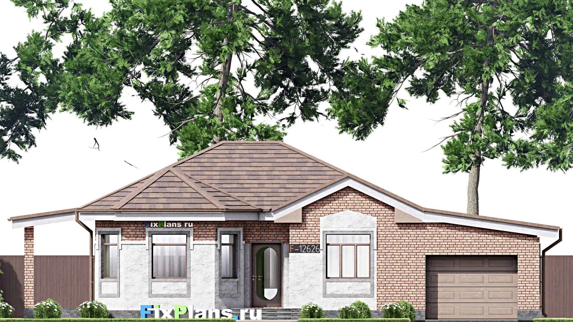 F-12626 - Проект одноэтажного дома 10 на 17, площадью 120 м² с террасой, гаражом на 1 машину и 2 спальнями