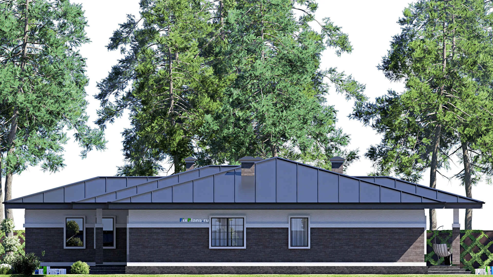 F-20528 - Проект одноэтажного дома 17 на 22, площадью 260 м² с террасой, гаражом на 2 машины и 3 спальнями