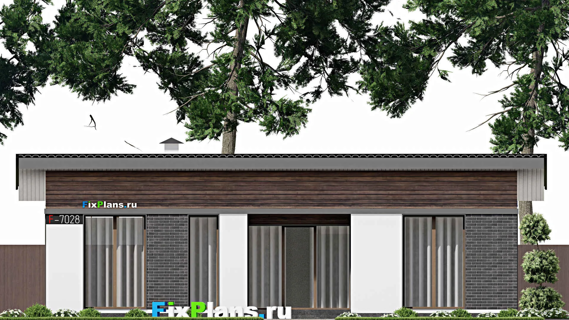 F-7028 - Проект одноэтажного дома 12 на 14, площадью 120 м² с террасой и 3 спальнями