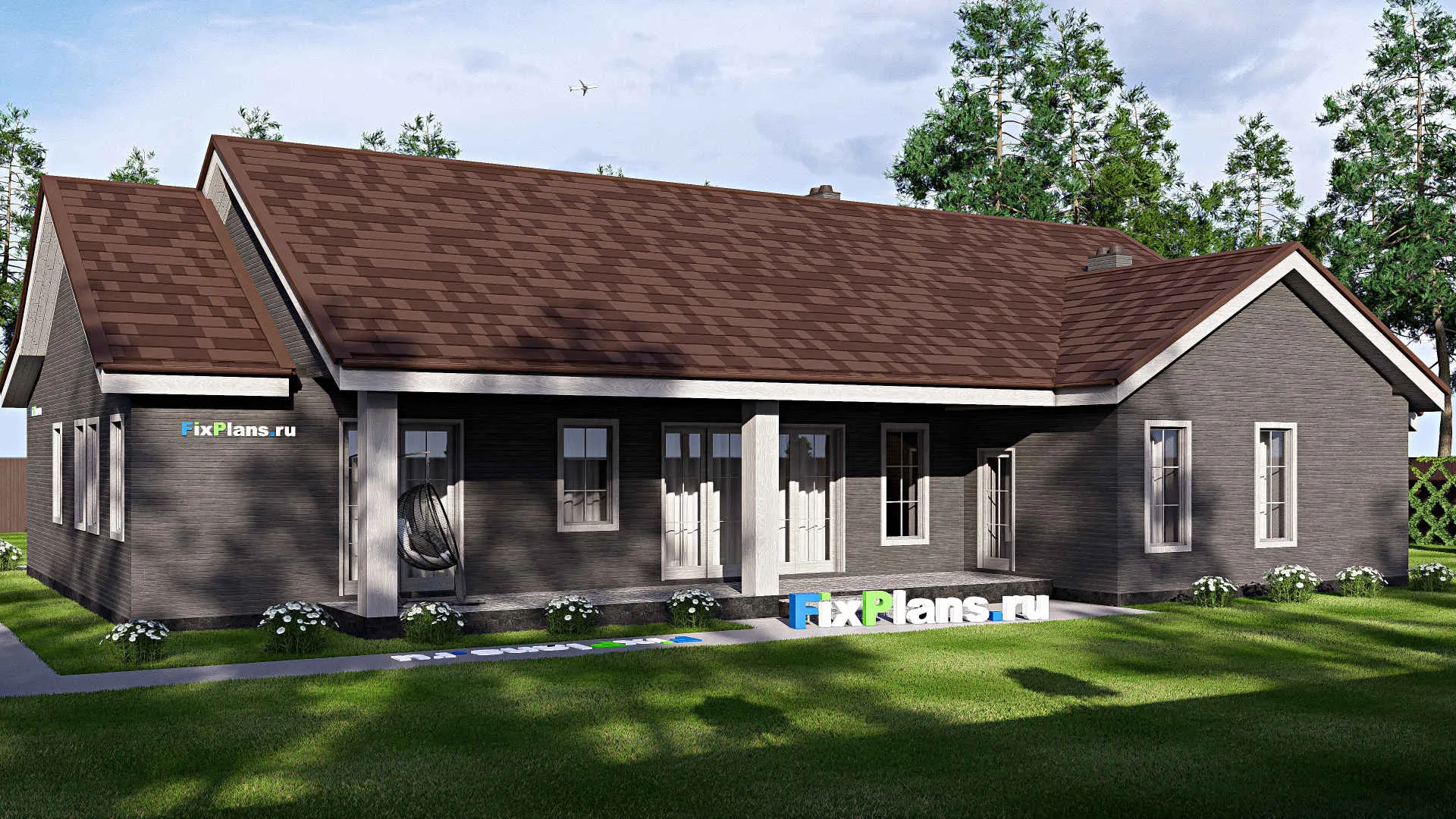 F-17117 - Проект одноэтажного дома 18 на 23, площадью 270 м² с террасой, гаражом на 2 машины и 4 спальнями