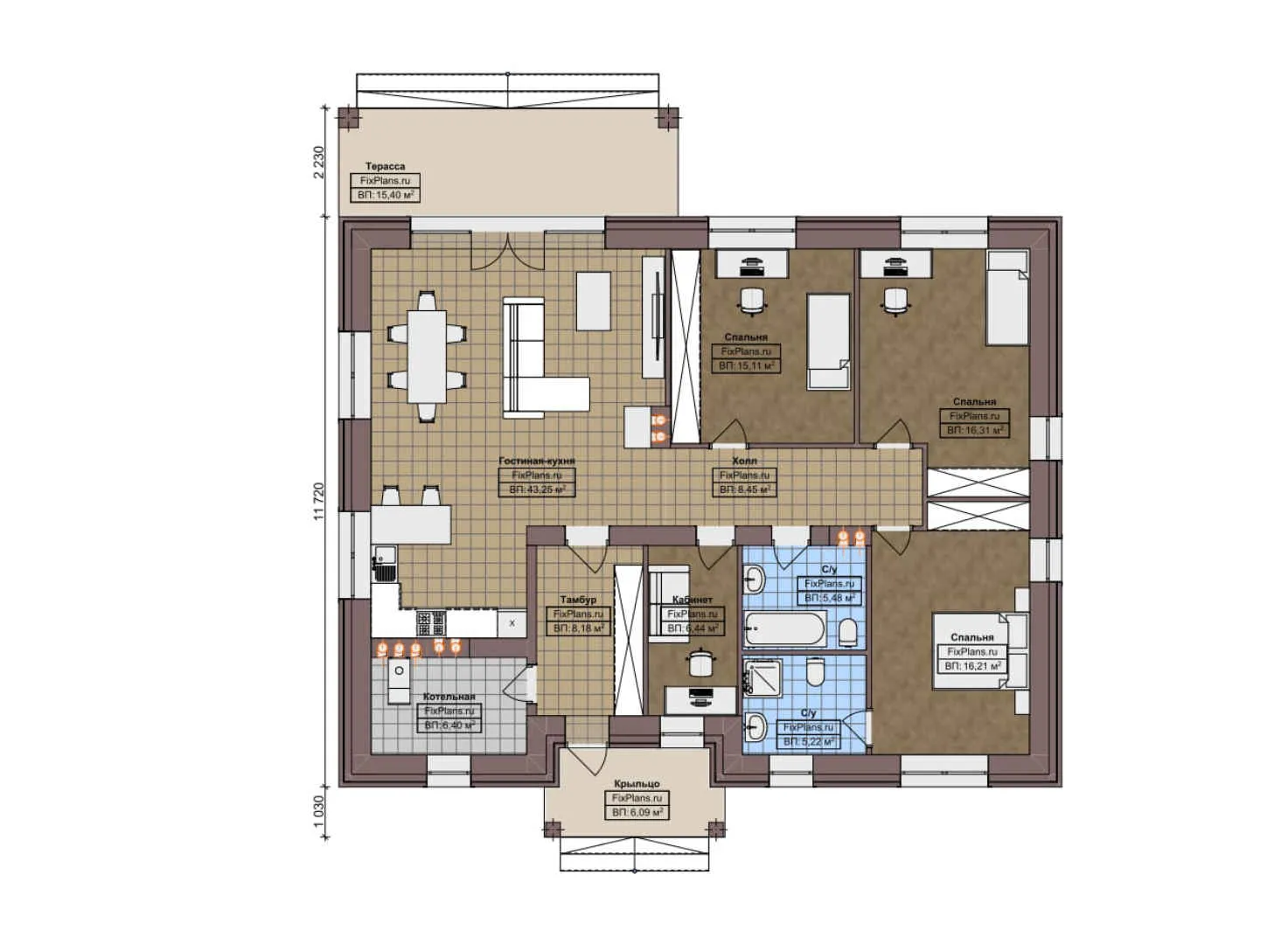 F-5462 - План одноэтажного дома 12 на 15, площадью 160 м² с террасой и 3 спальнями