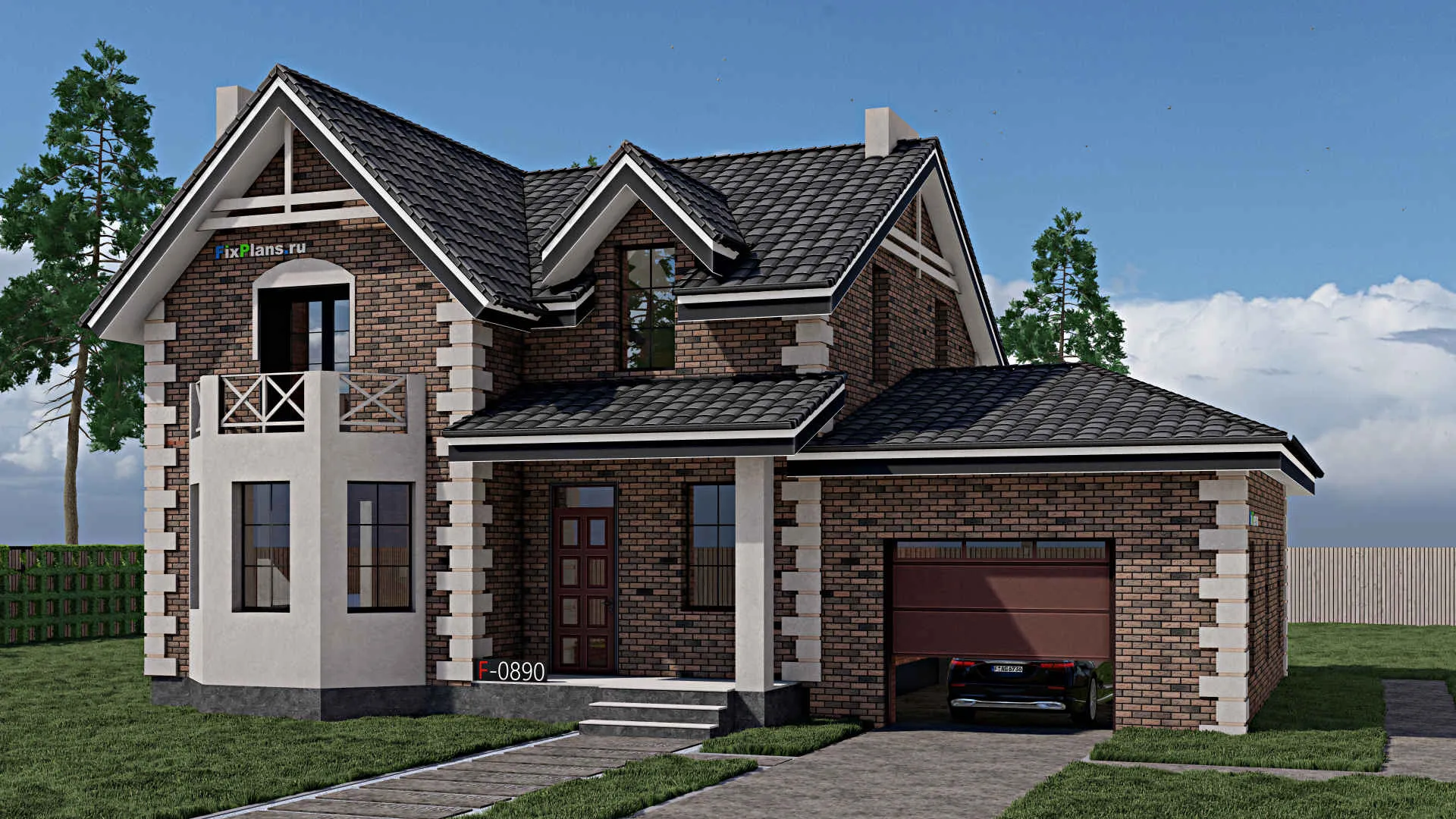 F-0890 - Проект дома с мансардой 15 на 16, площадью 210 м² с балконом, гаражом на 1 машину и 4 спальнями