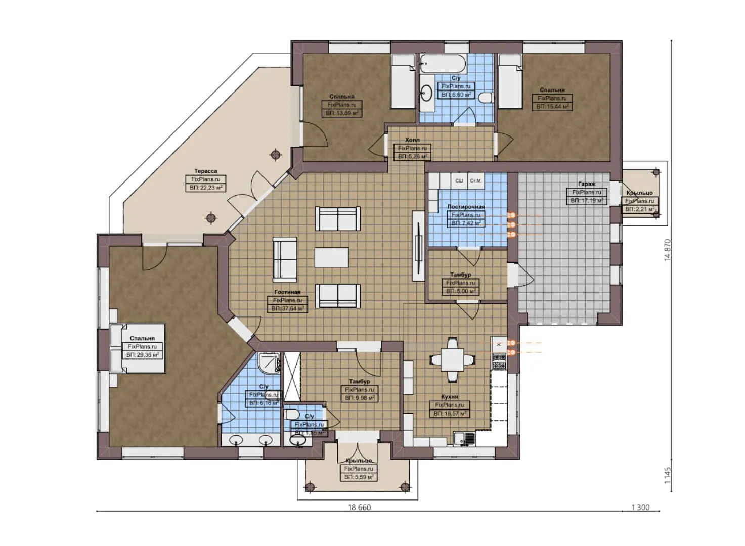 F-3662 - План одноэтажного дома 15 на 19, площадью 210 м² с террасой, гаражом на 1 машину и 3 спальнями