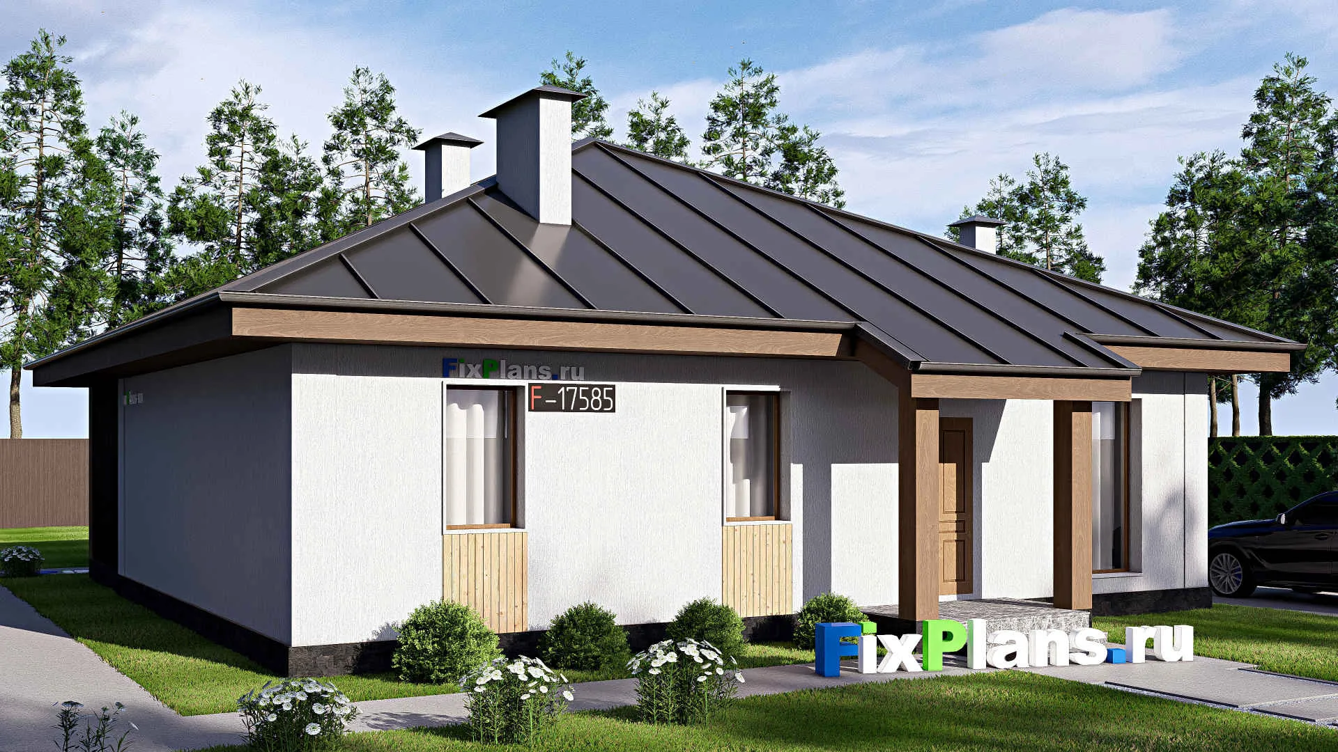 F-17585 - Проект одноэтажного дома 13 на 14, площадью 130 м² с террасой и 3 спальнями