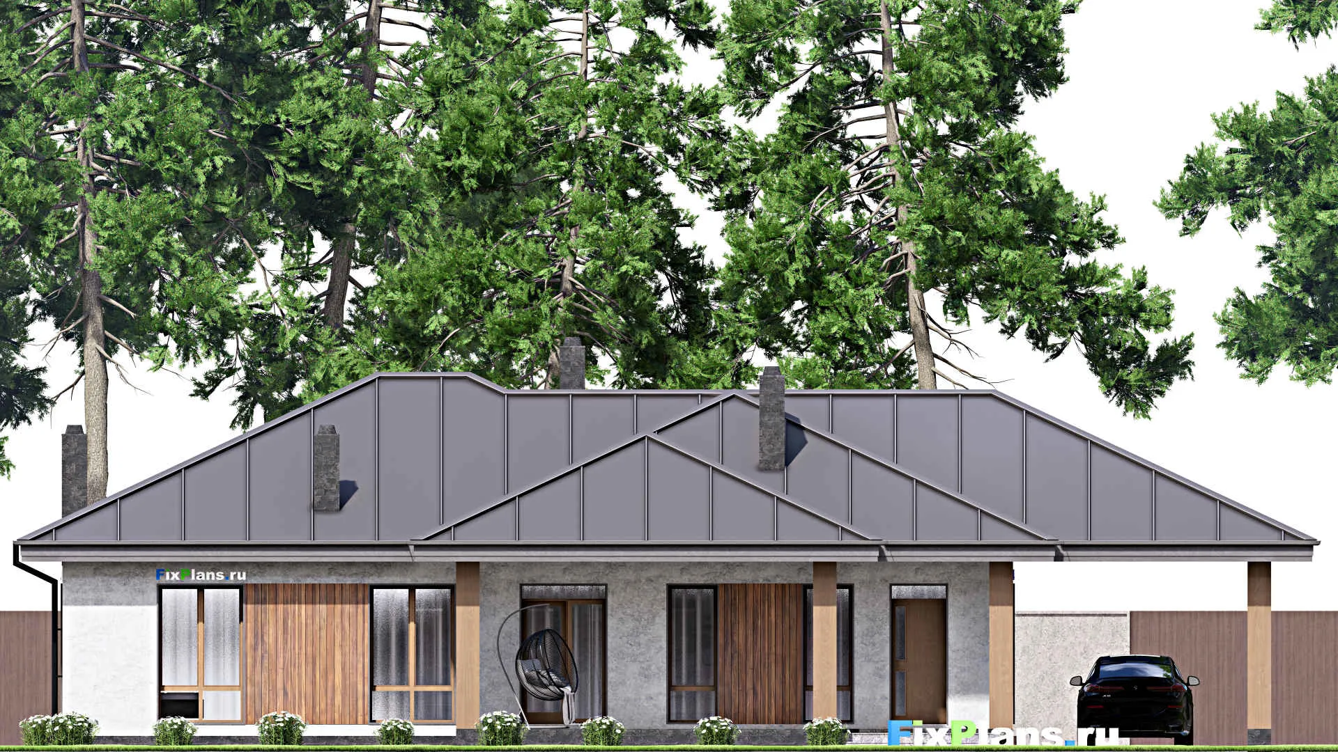 F-14588 - Проект одноэтажного дома 14 на 21, площадью 200 м² с террасой, гаражом на 1 машину и 2 спальнями