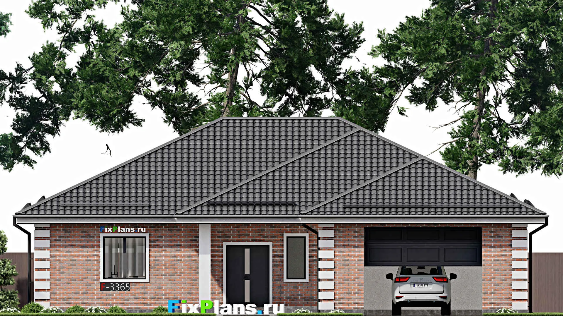 F-3365 - Проект одноэтажного дома 17 на 20, площадью 230 м² с террасой, гаражом на 2 машины и 3 спальнями