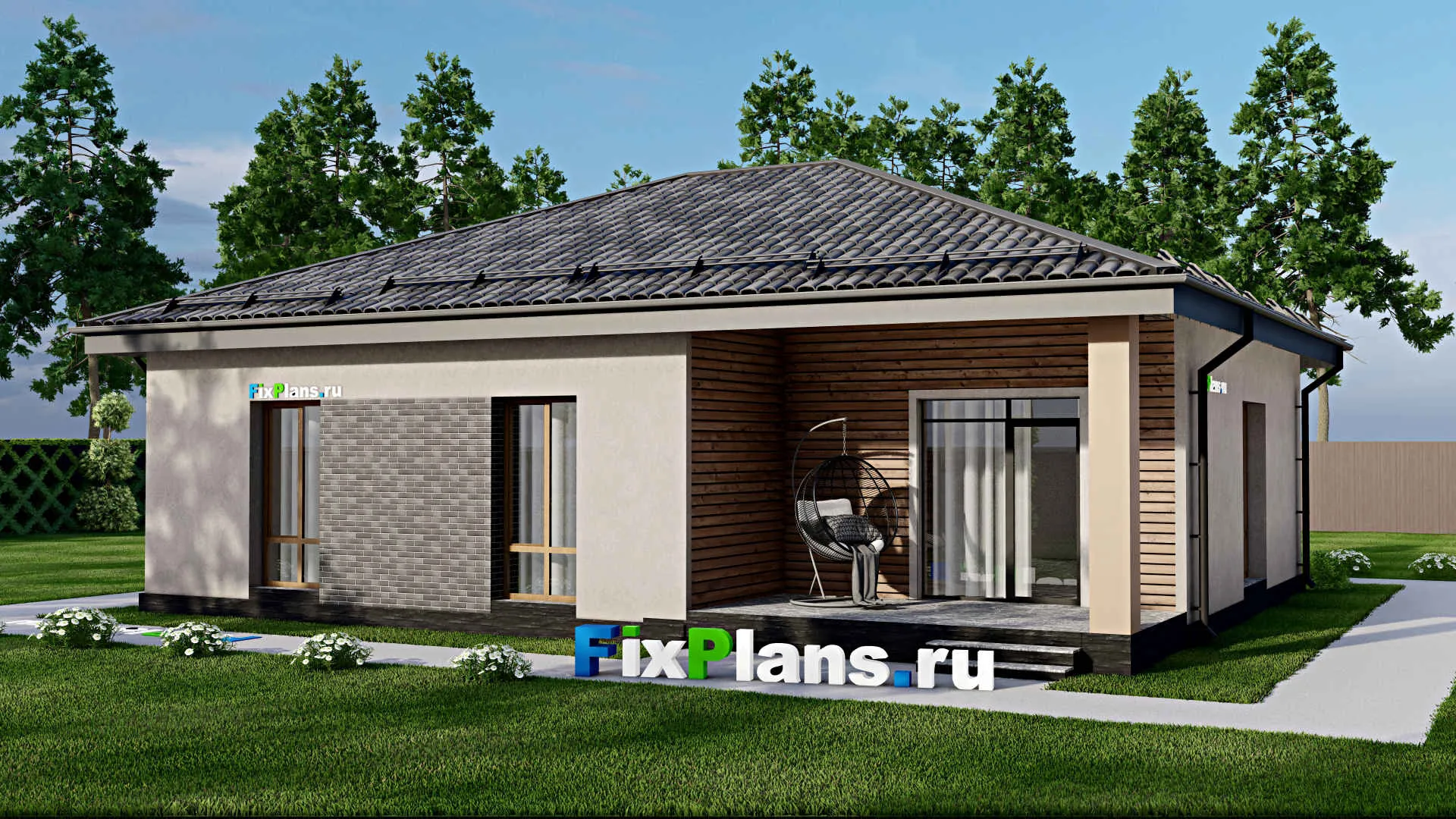 F-8099 - Проект одноэтажного дома 11 на 14, площадью 120 м² с террасой и 3 спальнями