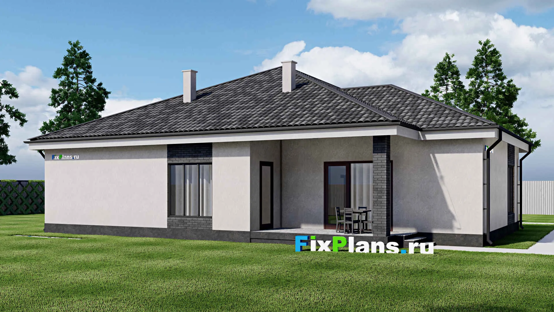 F-1745 - Проект одноэтажного дома 16 на 18, площадью 210 м² с террасой, баней и 2 спальнями