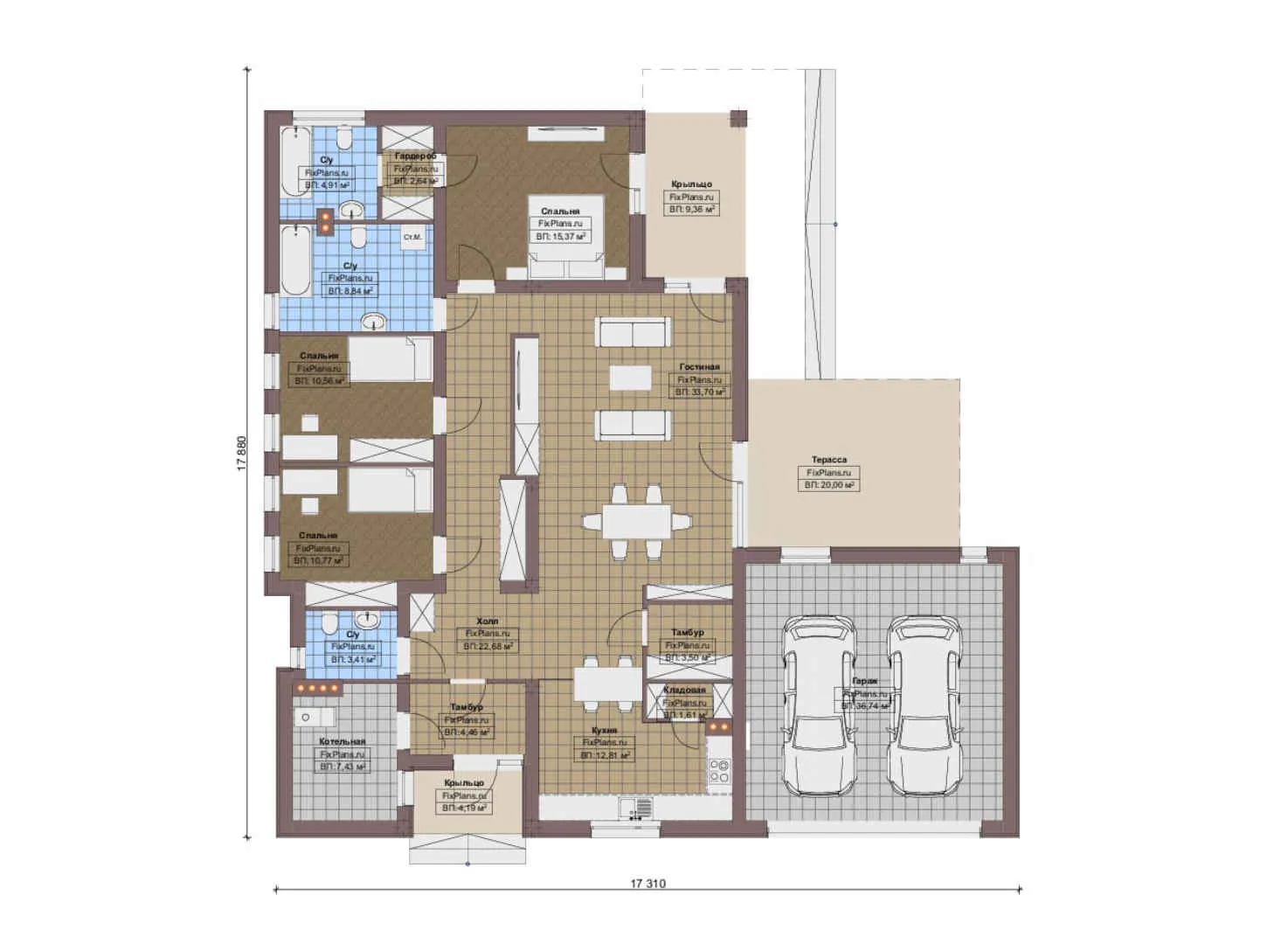 F-16190 - План одноэтажного дома 18 на 18, площадью 220 м² с террасой, гаражом на 2 машины и 3 спальнями