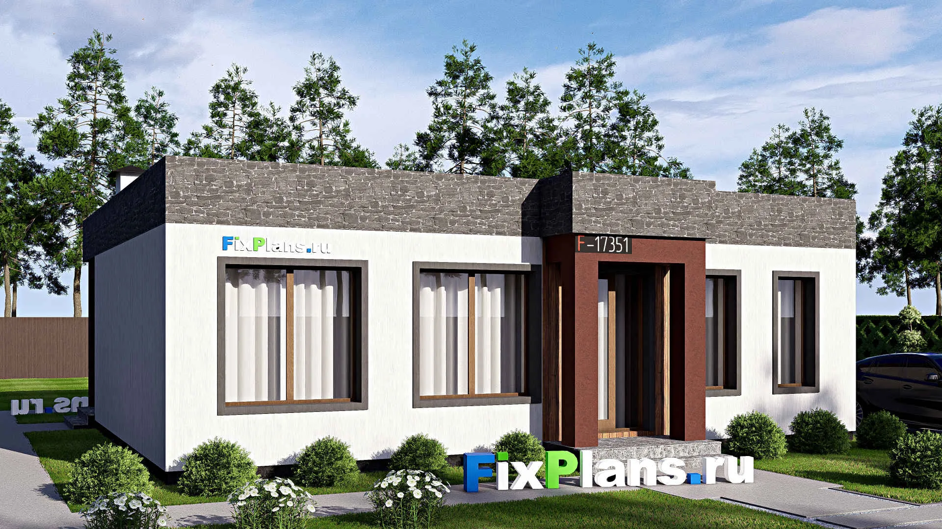 F-17351 - Проект одноэтажного дома 12 на 13, площадью 110 м² с террасой и 2 спальнями