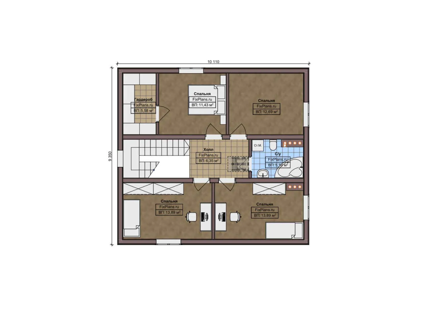 F-9719 - Планы двухэтажного дома 11 на 14, площадью 170 м² с террасой и 5 спальнями