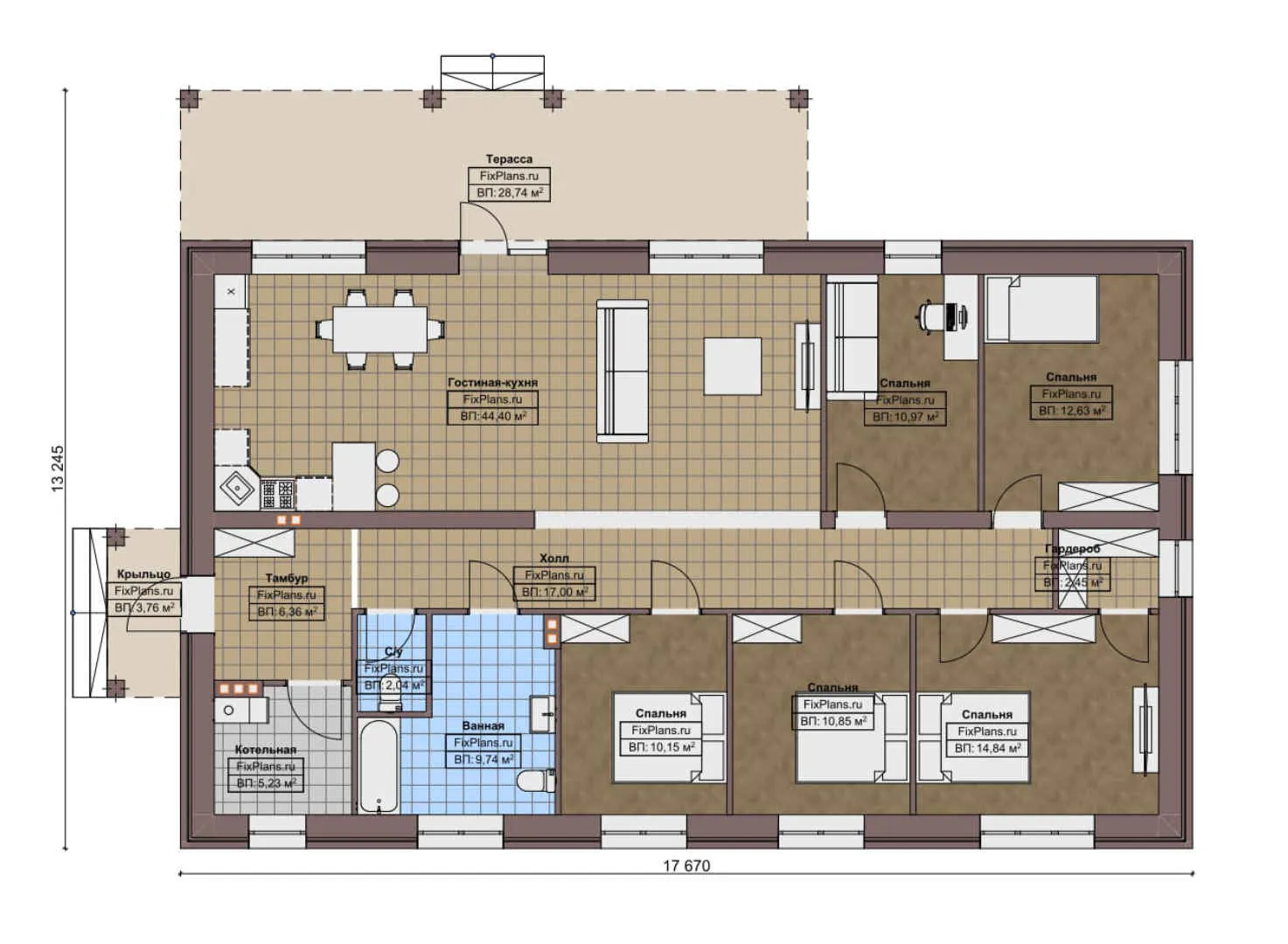 F-8747 - План одноэтажного дома 14 на 18, площадью 180 м² с террасой и 5 спальнями