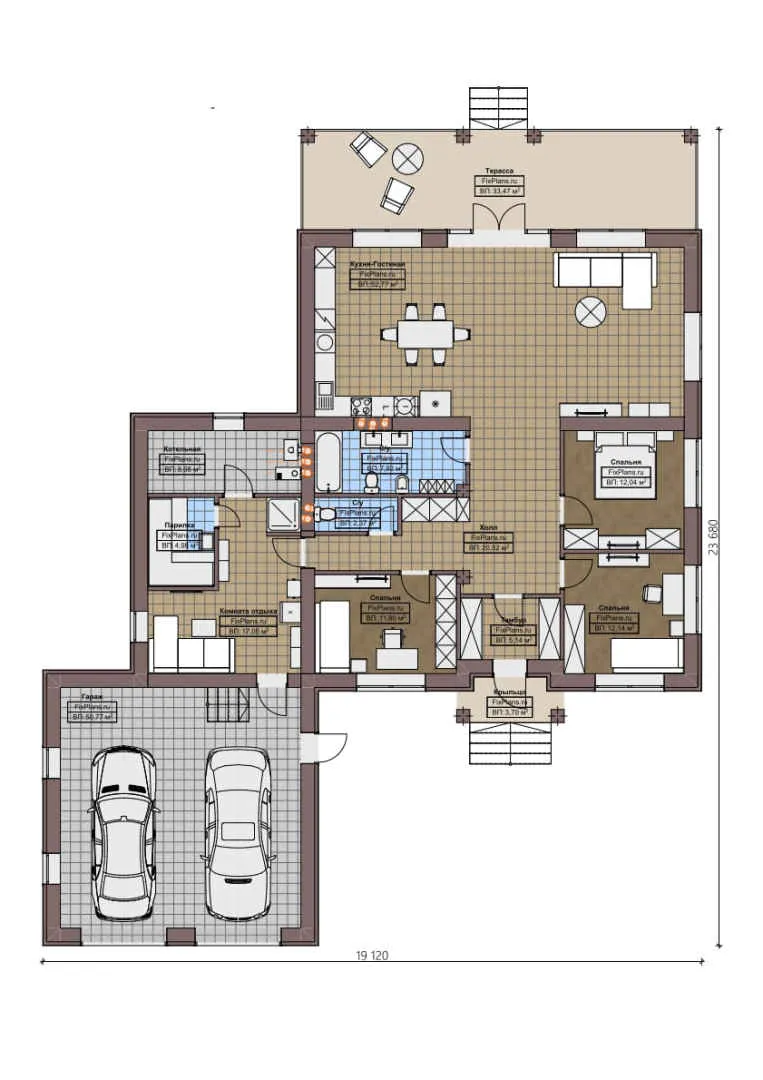 F-0962 - План одноэтажного дома 20 на 24, площадью 250 м² с террасой, гаражом на 2 машины и 3 спальнями
