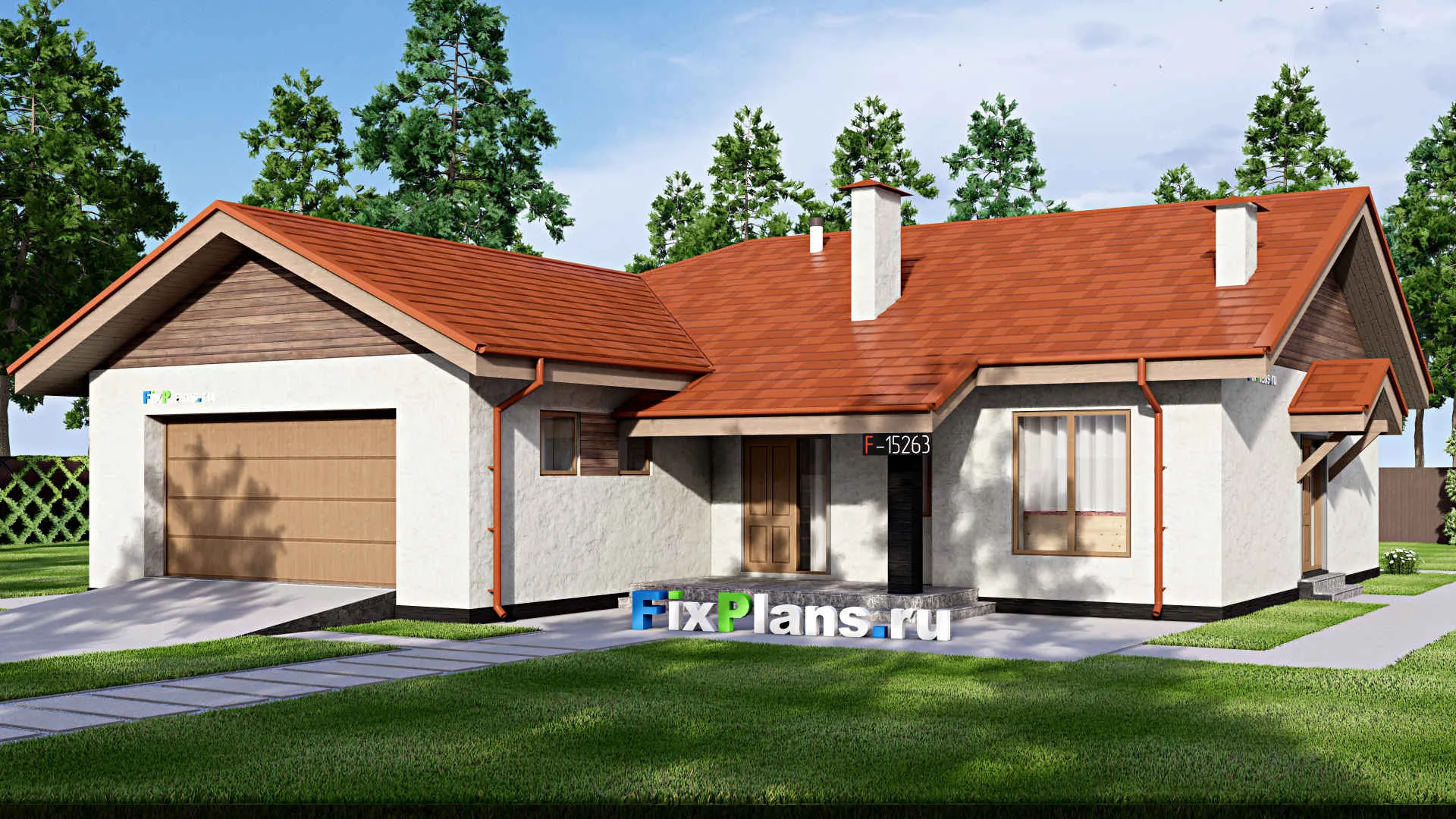 F-15263 - Проект одноэтажного дома 16 на 17, площадью 180 м² с гаражом на 2 машины и 3 спальнями