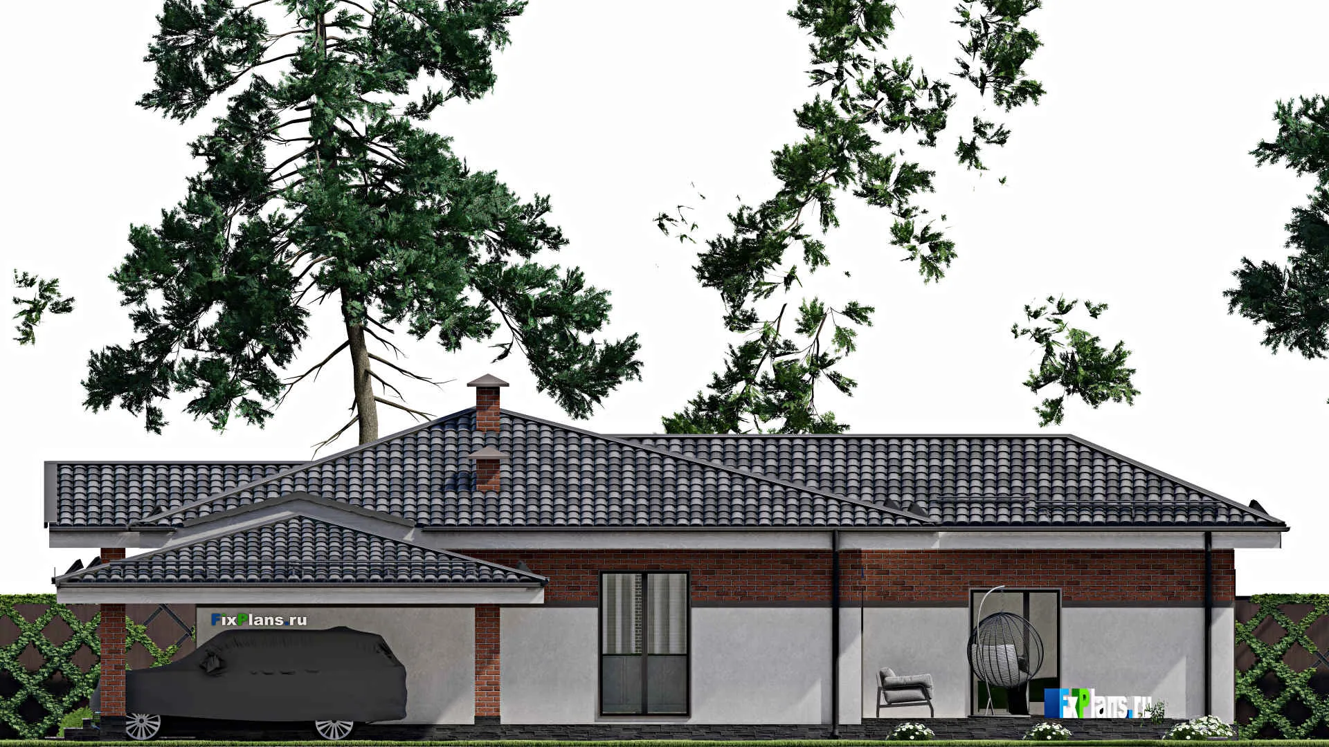 F-6542 - План одноэтажного дома 17 на 17, площадью 270 м² с террасой и 3 спальнями