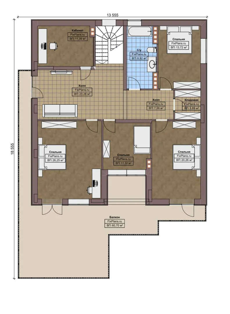F-8693 - Планы двухэтажного дома 14 на 19, площадью 410 м² с террасой, балконом, баней и 5 спальнями