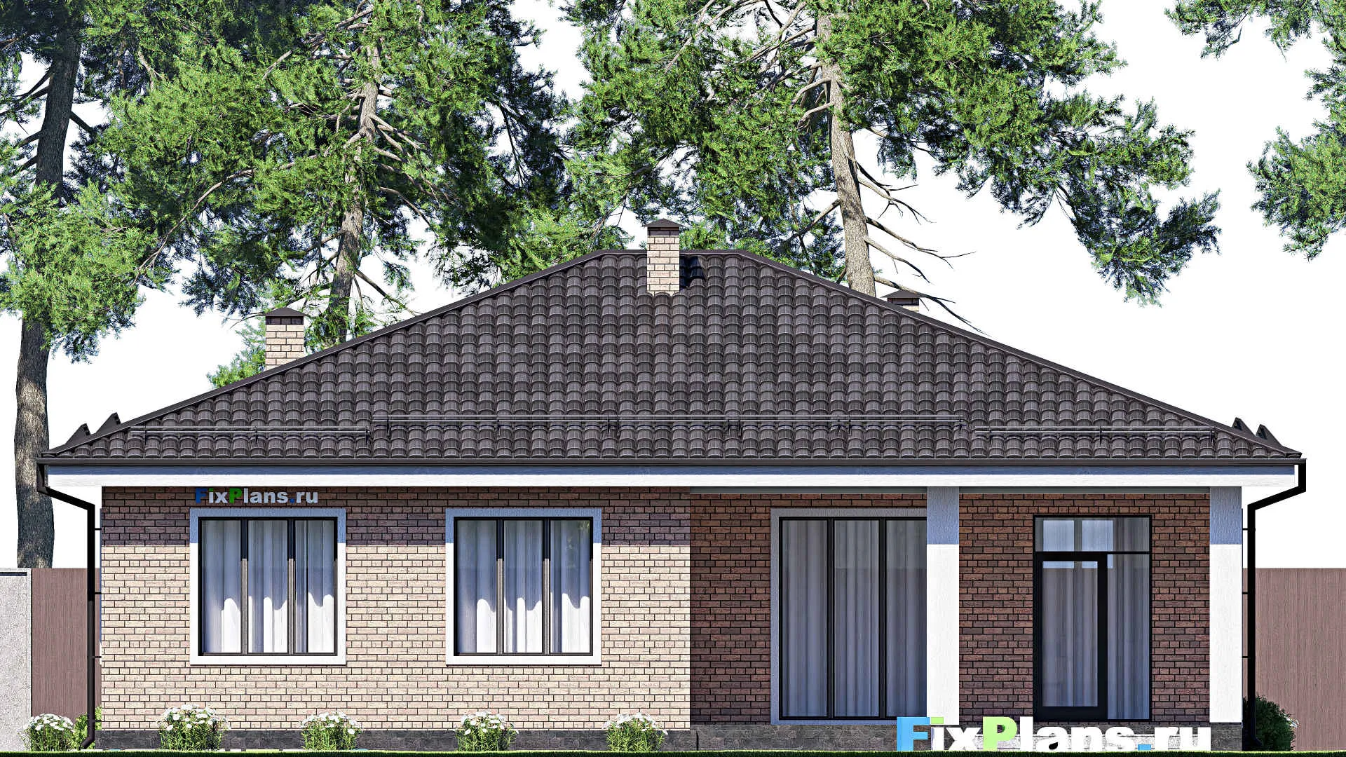 F-17792 - План одноэтажного дома 15 на 15, площадью 160 м² с террасой и 3 спальнями