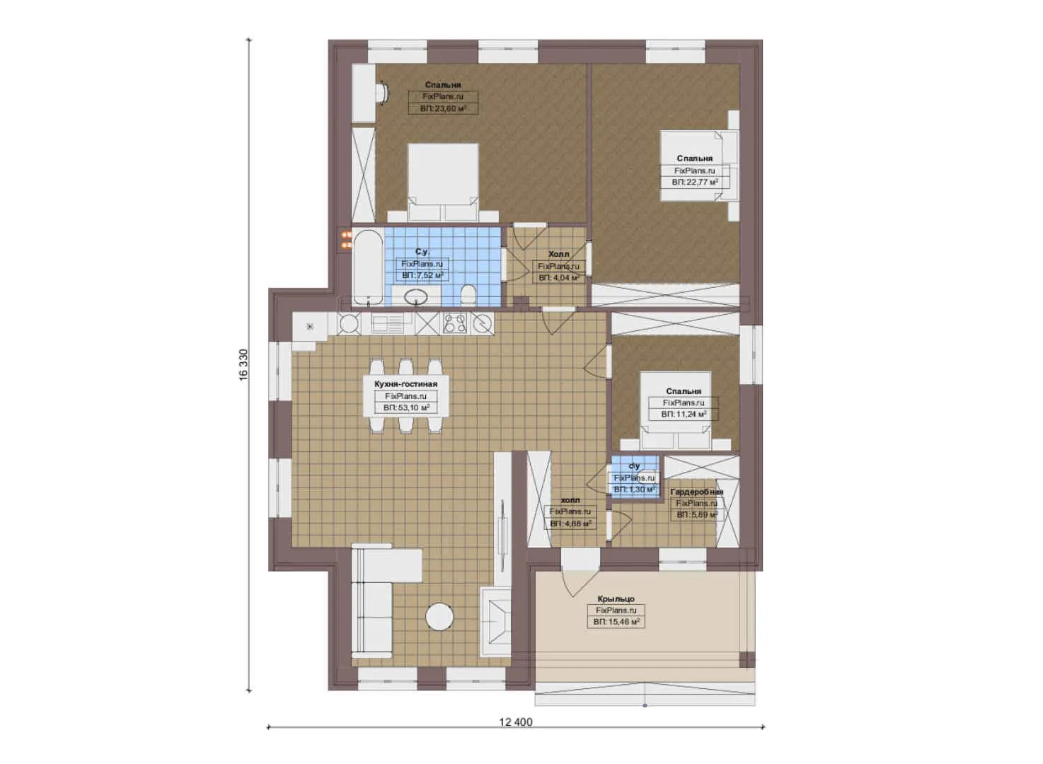 F-20744 - План одноэтажного дома 13 на 17, площадью 150 м² с 3 спальнями