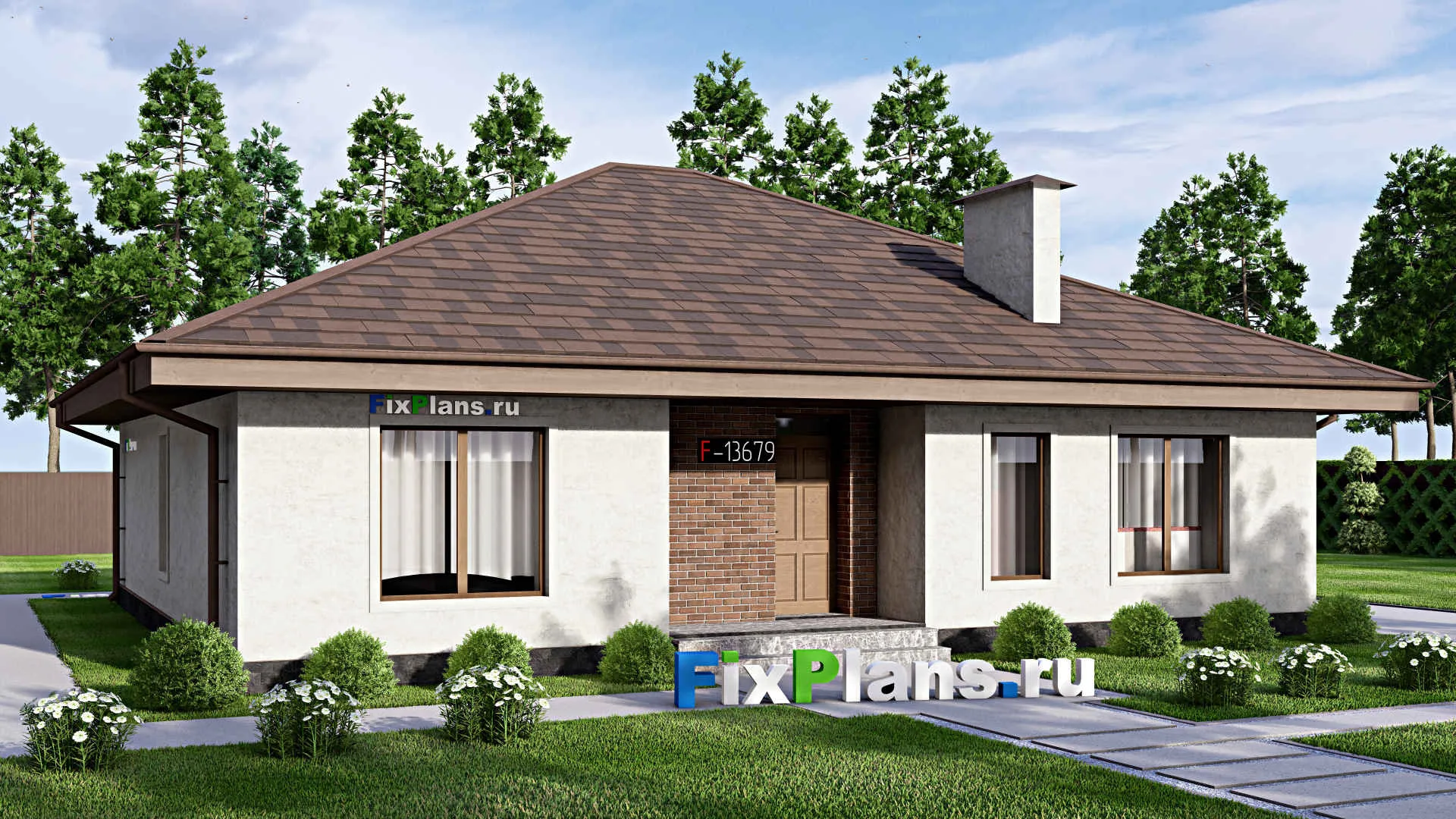 F-13679 - Проект одноэтажного дома 13 на 14, площадью 140 м² с террасой и 3 спальнями