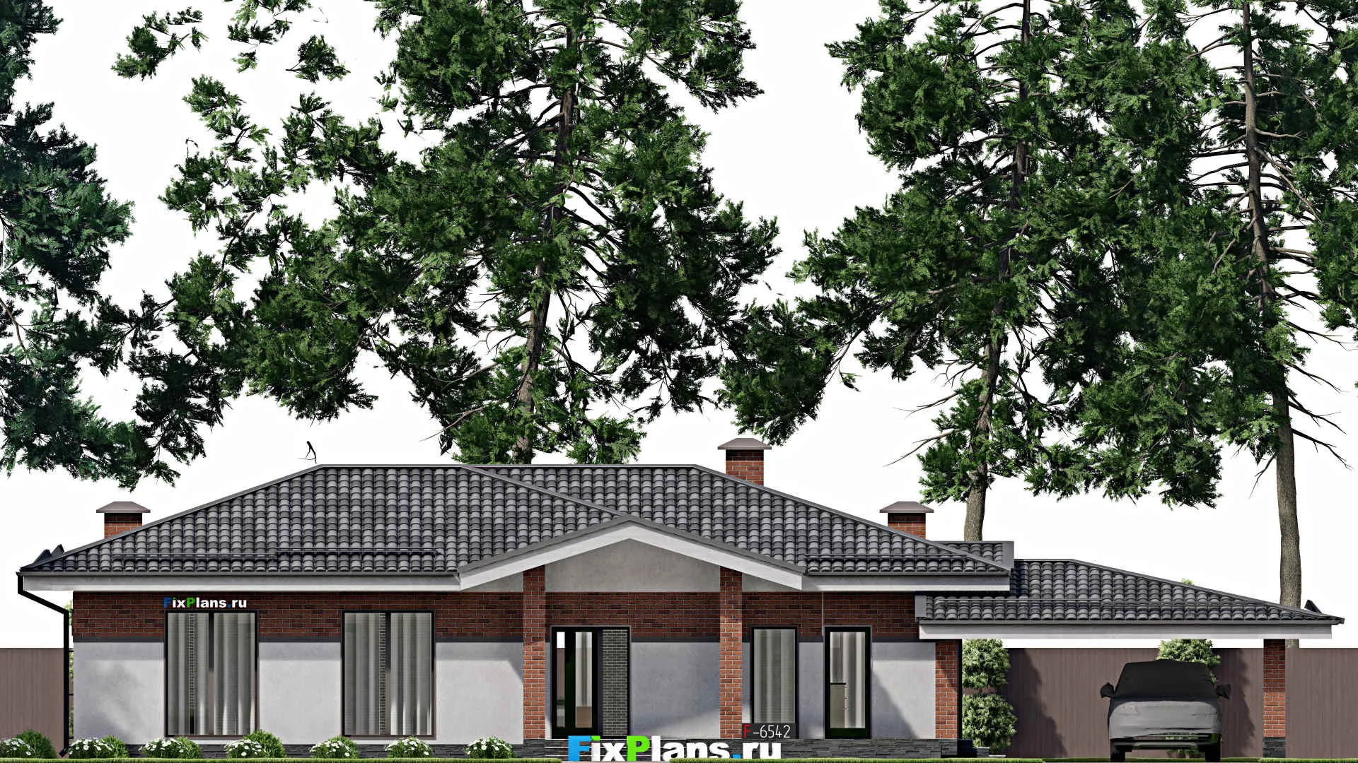 F-6542 - План одноэтажного дома 17 на 17, площадью 270 м² с террасой и 3 спальнями