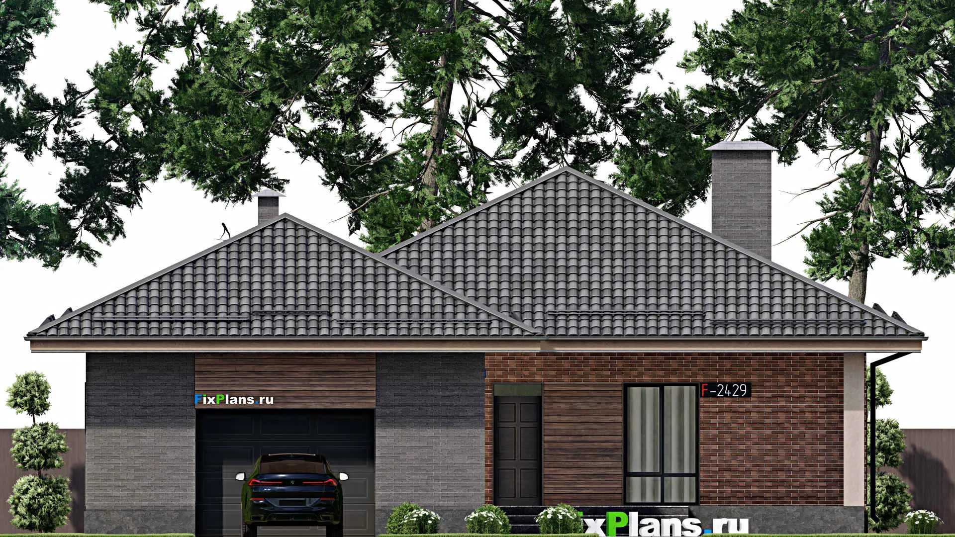 F-2429 - Проект одноэтажного дома 16 на 22, площадью 200 м² с террасой, гаражом на 2 машины и 2 спальнями