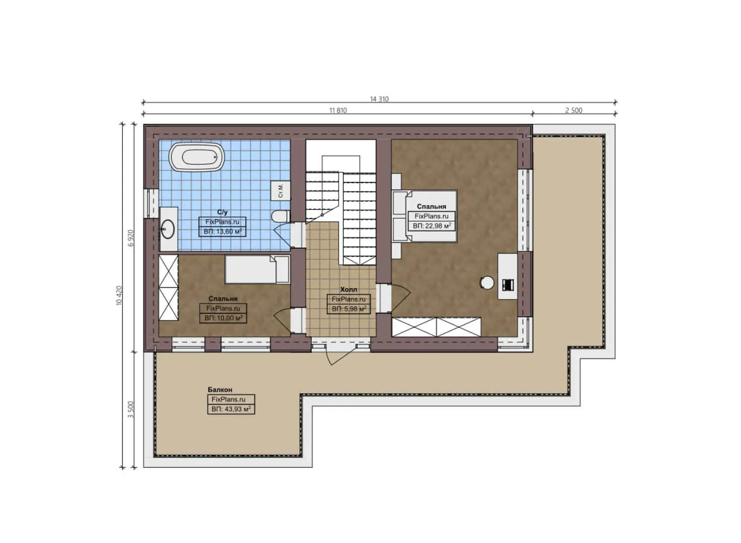 F-1889 - Планы двухэтажного дома 11 на 15, площадью 200 м² с балконом и 3 спальнями
