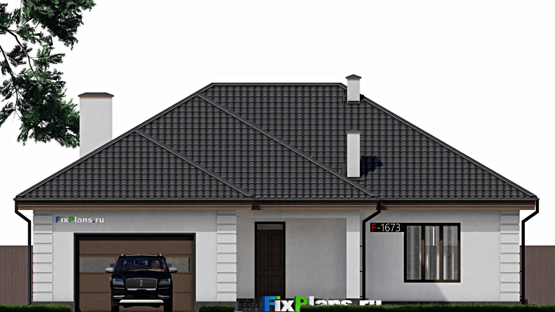 F-1673 - Проект одноэтажного дома 16 на 18, площадью 190 м² с террасой, гаражом на 1 машину и 3 спальнями