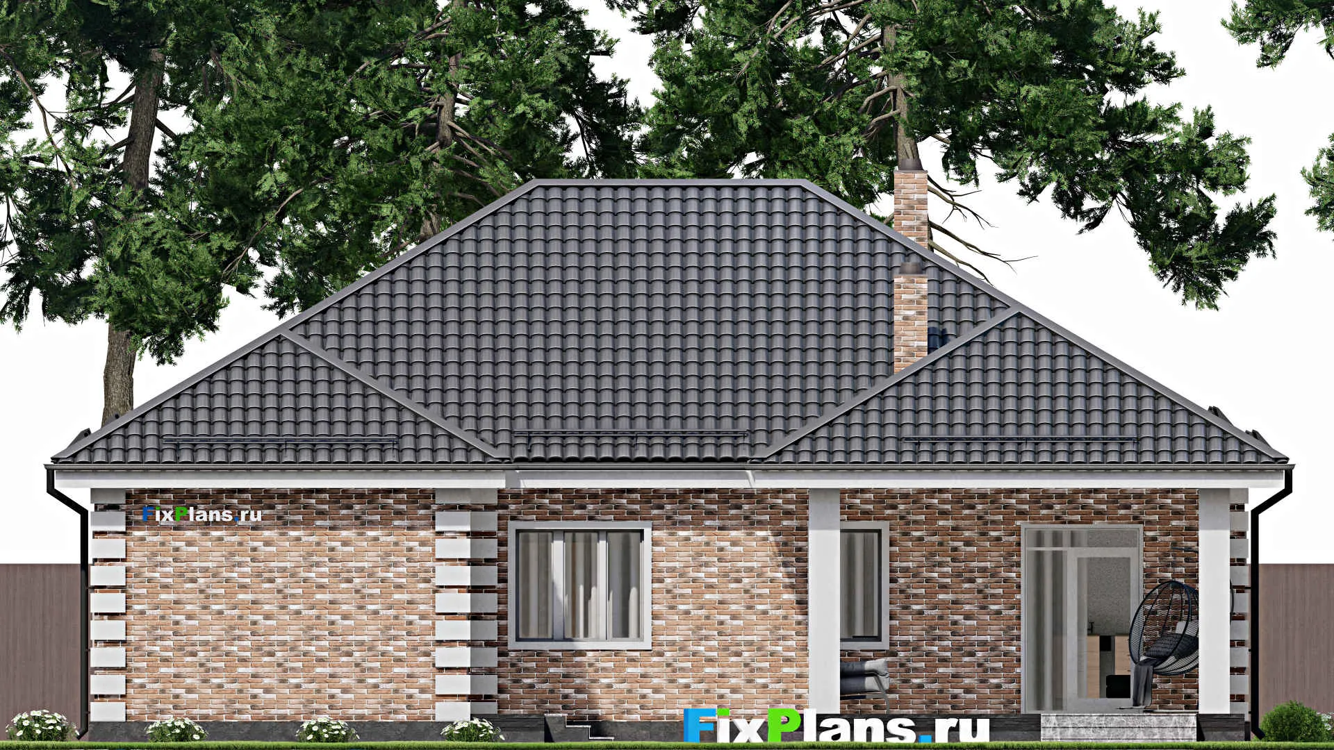 F-2951 - Проект одноэтажного дома 15 на 15, площадью 150 м² с террасой, гаражом на 1 машину и 3 спальнями