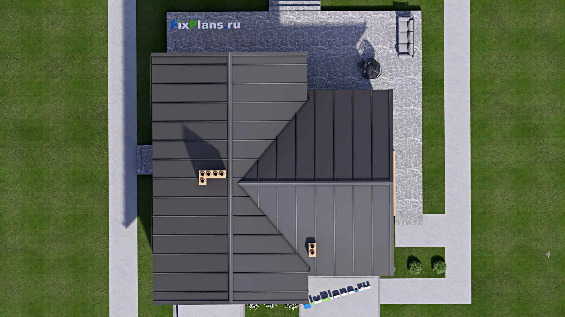 F-15884 - Проект дома с мансардой 16 на 17, площадью 300 м² с террасой, балконом, гаражом на 1 машину и 4 спальнями