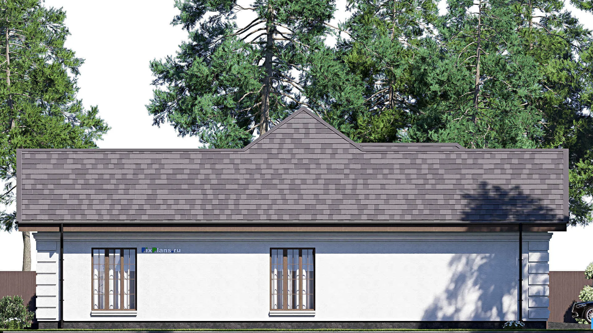 F-17558 - Проект одноэтажного дома 17 на 21, площадью 280 м² с террасой, гаражом на 2 машины и 3 спальнями