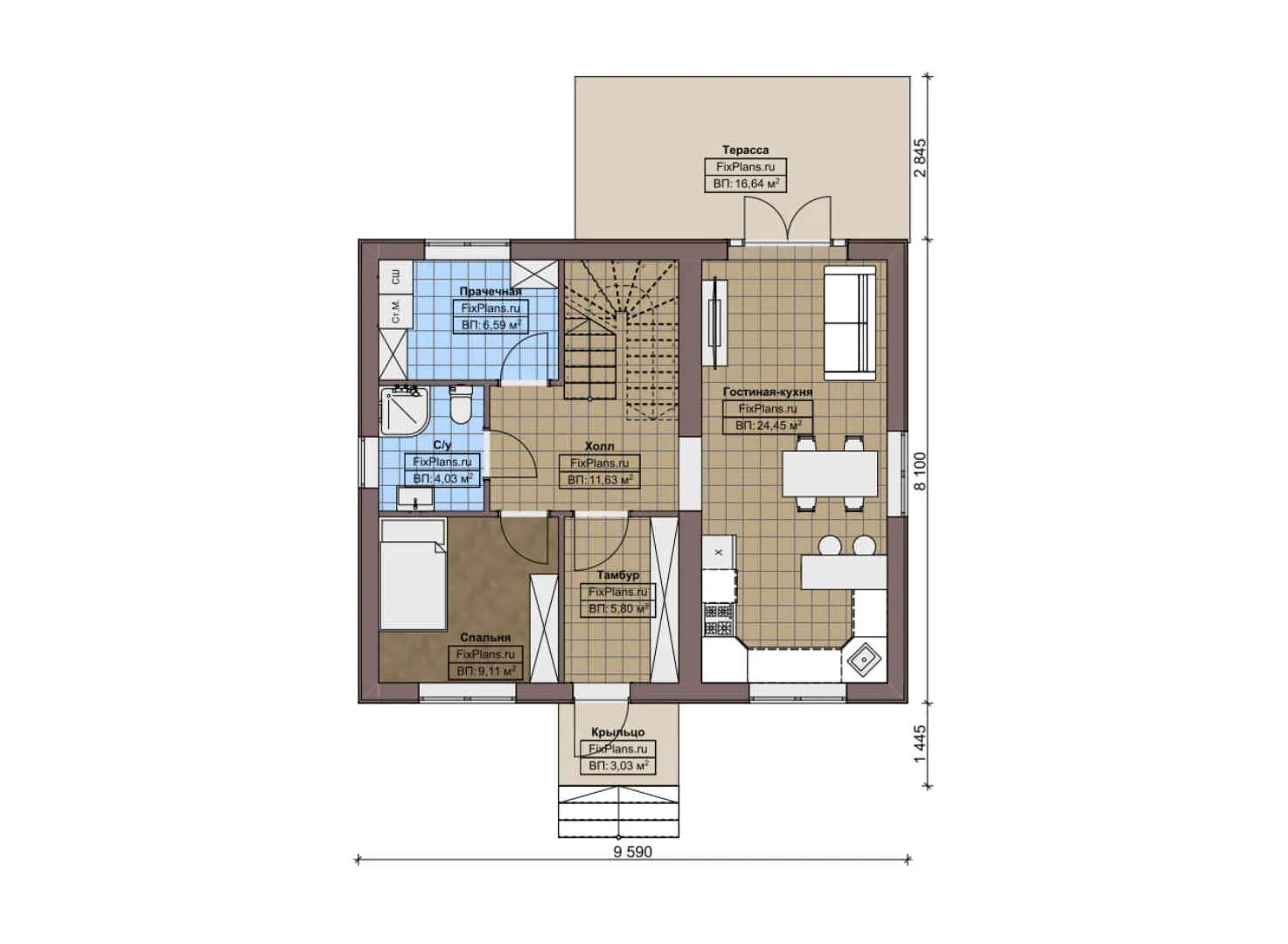 F-5939 - Планы дома с мансардой 9 на 10, площадью 140 м² с террасой и 4 спальнями
