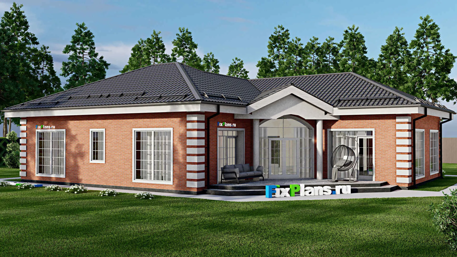 F-3662 - Проект одноэтажного дома 15 на 19, площадью 210 м² с террасой, гаражом на 1 машину и 3 спальнями