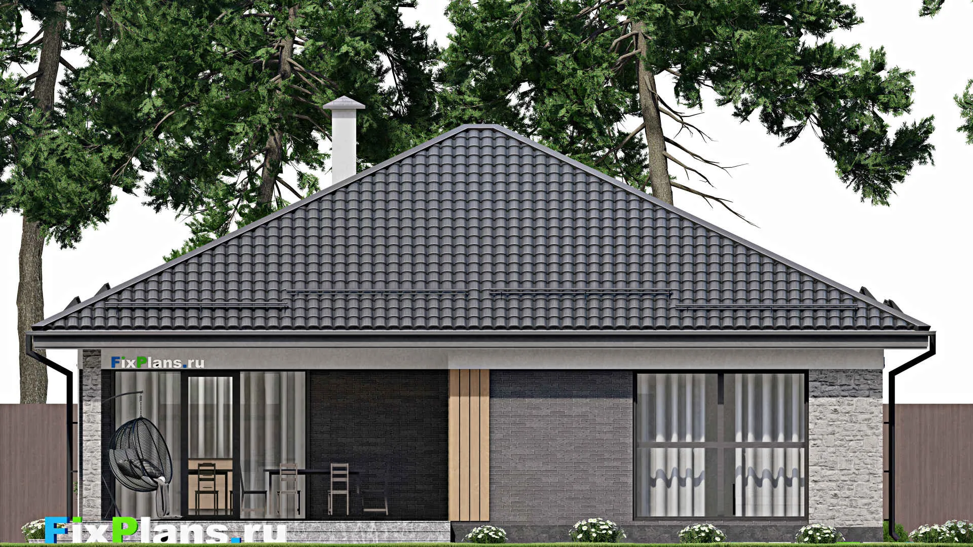 F-4148 - Проект одноэтажного дома 13 на 14, площадью 140 м² с террасой и 3 спальнями