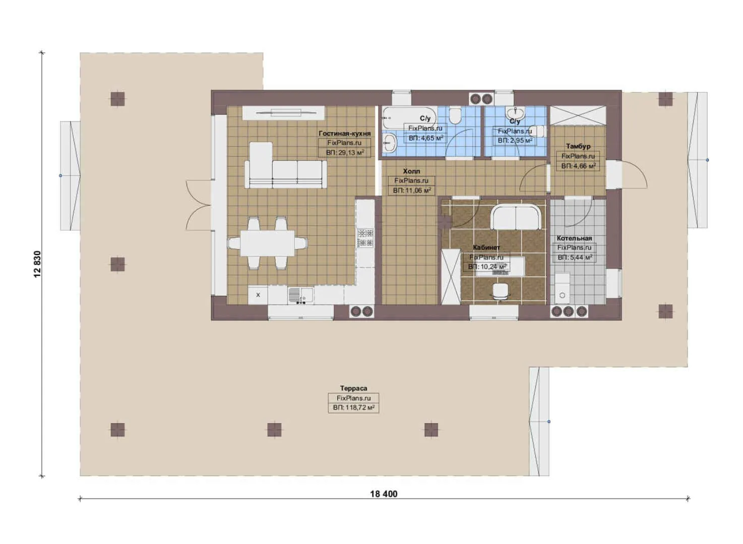 F-15965 - Планы дома с мансардой 13 на 19, площадью 250 м² с террасой и 3 спальнями
