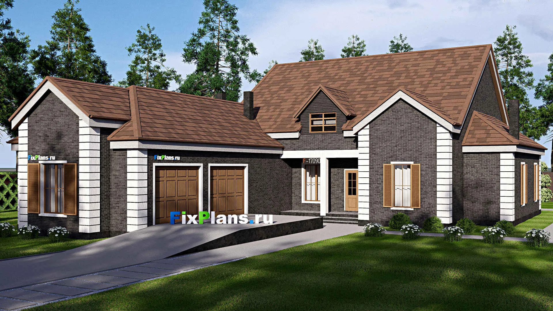 F-17090 - Проект одноэтажного дома 21 на 28, площадью 310 м² с террасой, гаражом на 2 машины и 4 спальнями