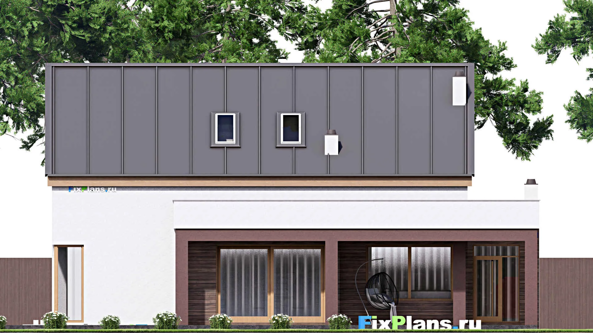 F-16118 - Проект дома с мансардой 18 на 18, площадью 360 м² с террасой, гаражом на 2 машины и 3 спальнями