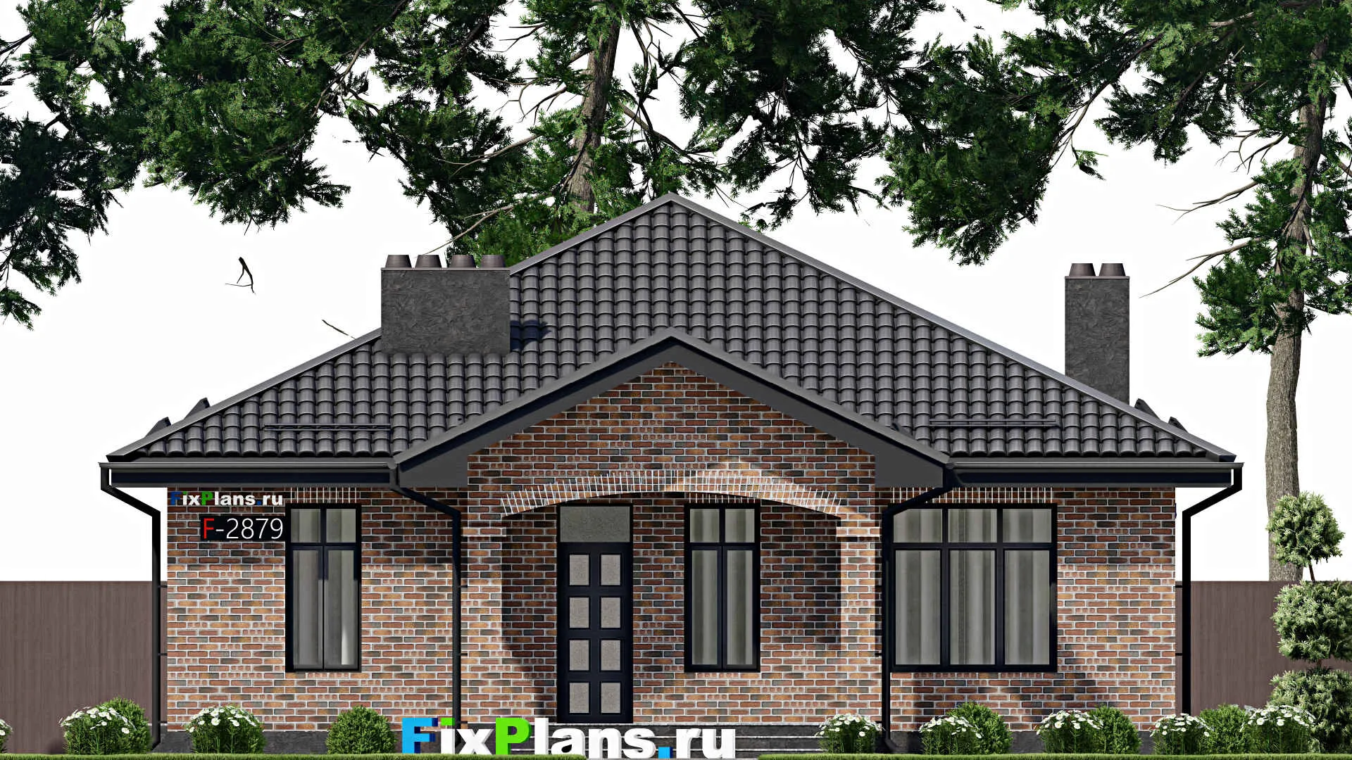 F-2879 - Проект одноэтажного дома 12 на 15, площадью 140 м² с террасой, баней и 2 спальнями