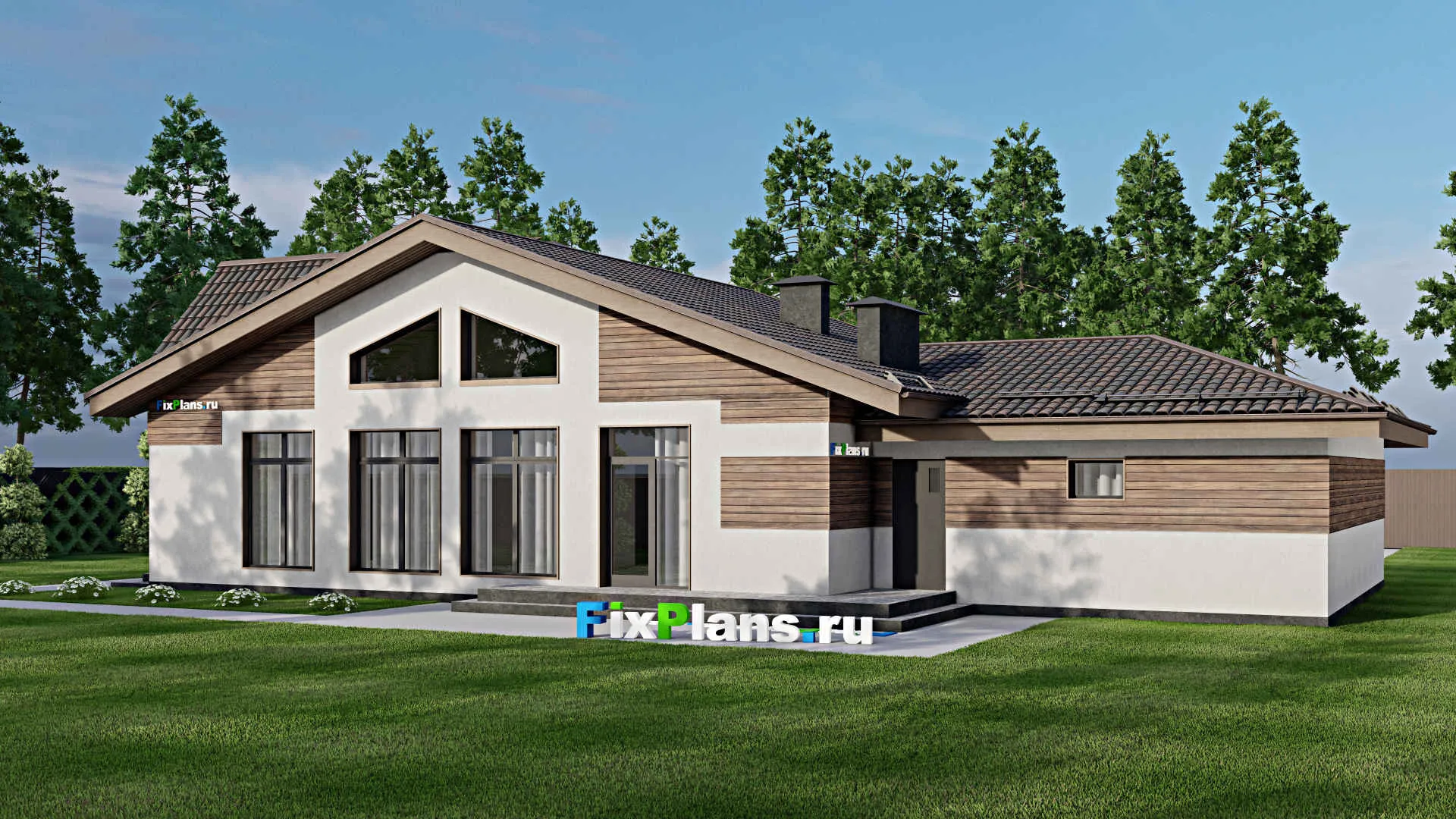 F-6659 - План одноэтажного дома 12 на 22, площадью 190 м² с террасой, гаражом на 2 машины и 3 спальнями