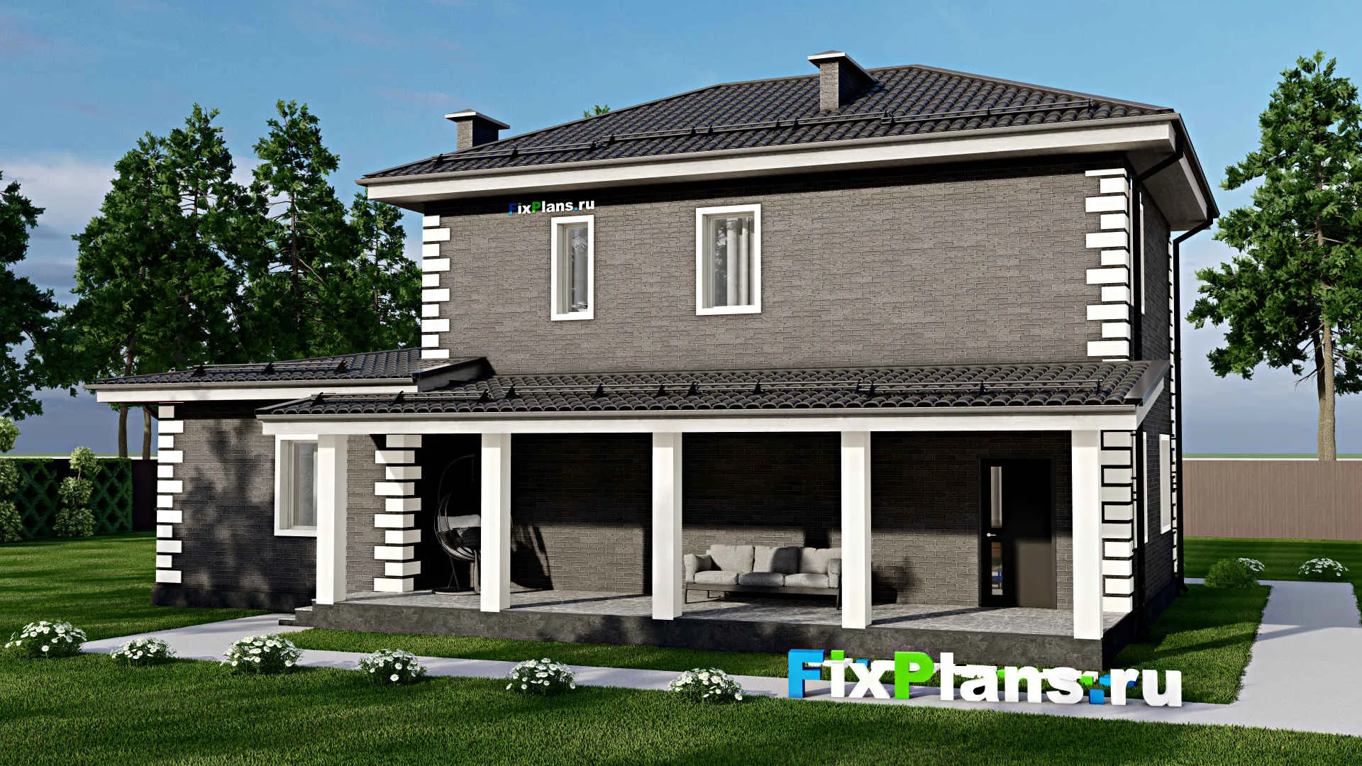 F-4508 - Проект двухэтажного дома 10 на 16, площадью 210 м² с террасой, балконом, гаражом на 2 машины и 3 спальнями